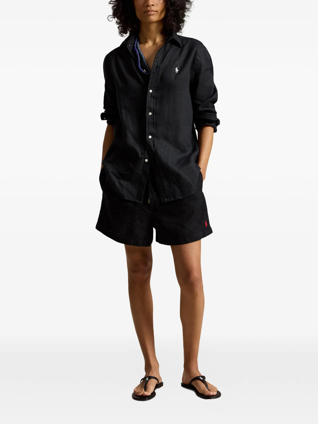 RALPH LAUREN WOMEN Linen Drawstring Shorts Polo Black