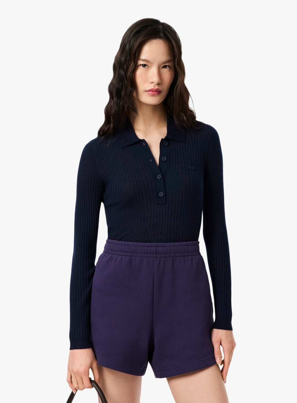 LACOSTE WOMEN Wool Jersey Polo Collar Sweater Midnight Blue