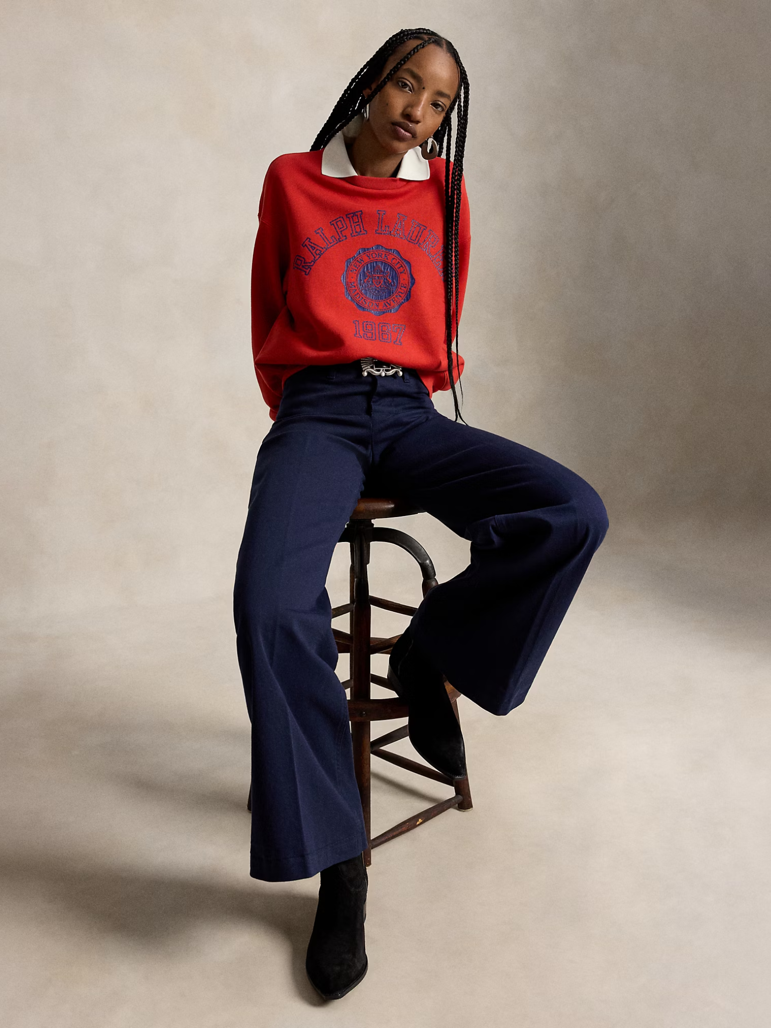 RALPH LAUREN WOMEN Crest Polo-Collar Fleece Crewneck Very Red