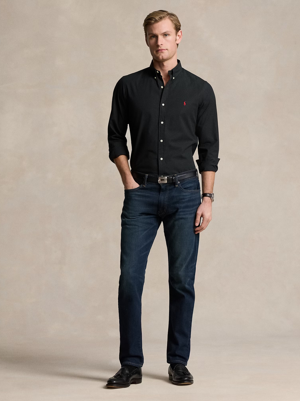 RALPH LAUREN Slim Fit Stretch Poplin Shirt Polo Black