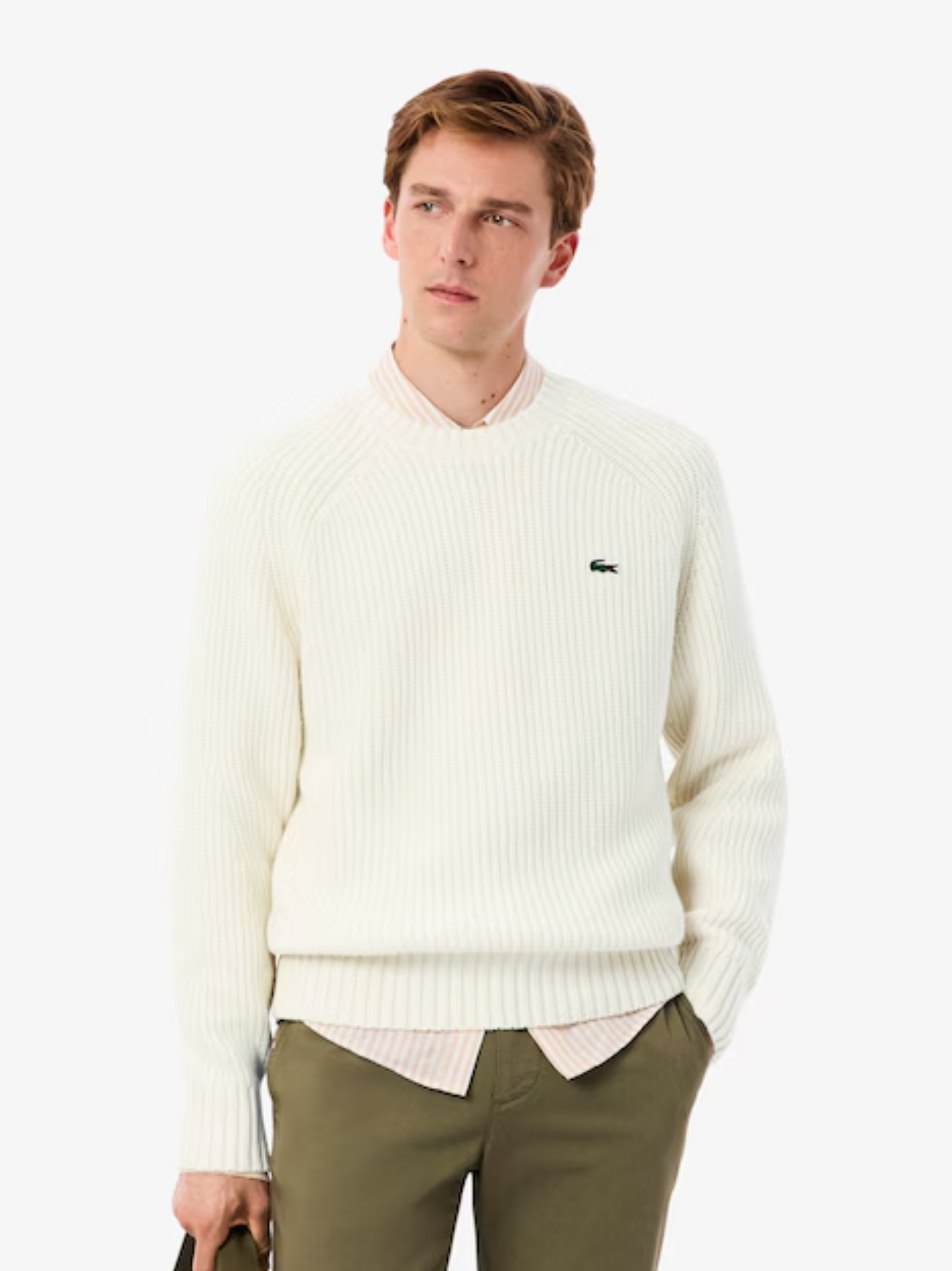 LACOSTE Thick Wool Crew Neck Sweater Ecru White