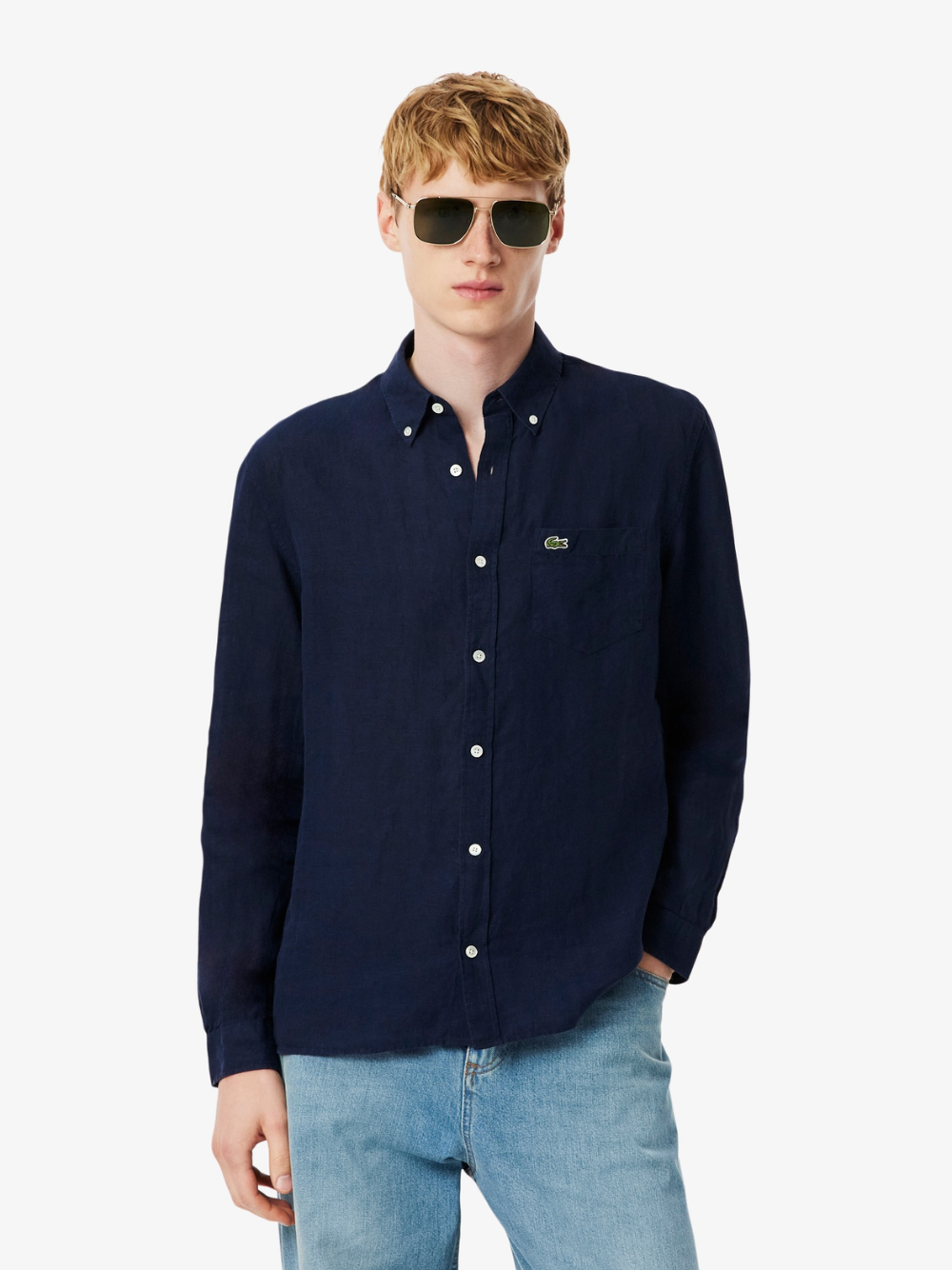 LACOSTE Regular Fit Linen Shirt Midnight Blue