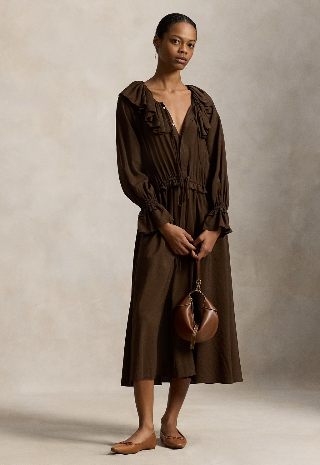 RALPH LAUREN WOMENS Ruffled Blouson Crepe Dress Dark Brown