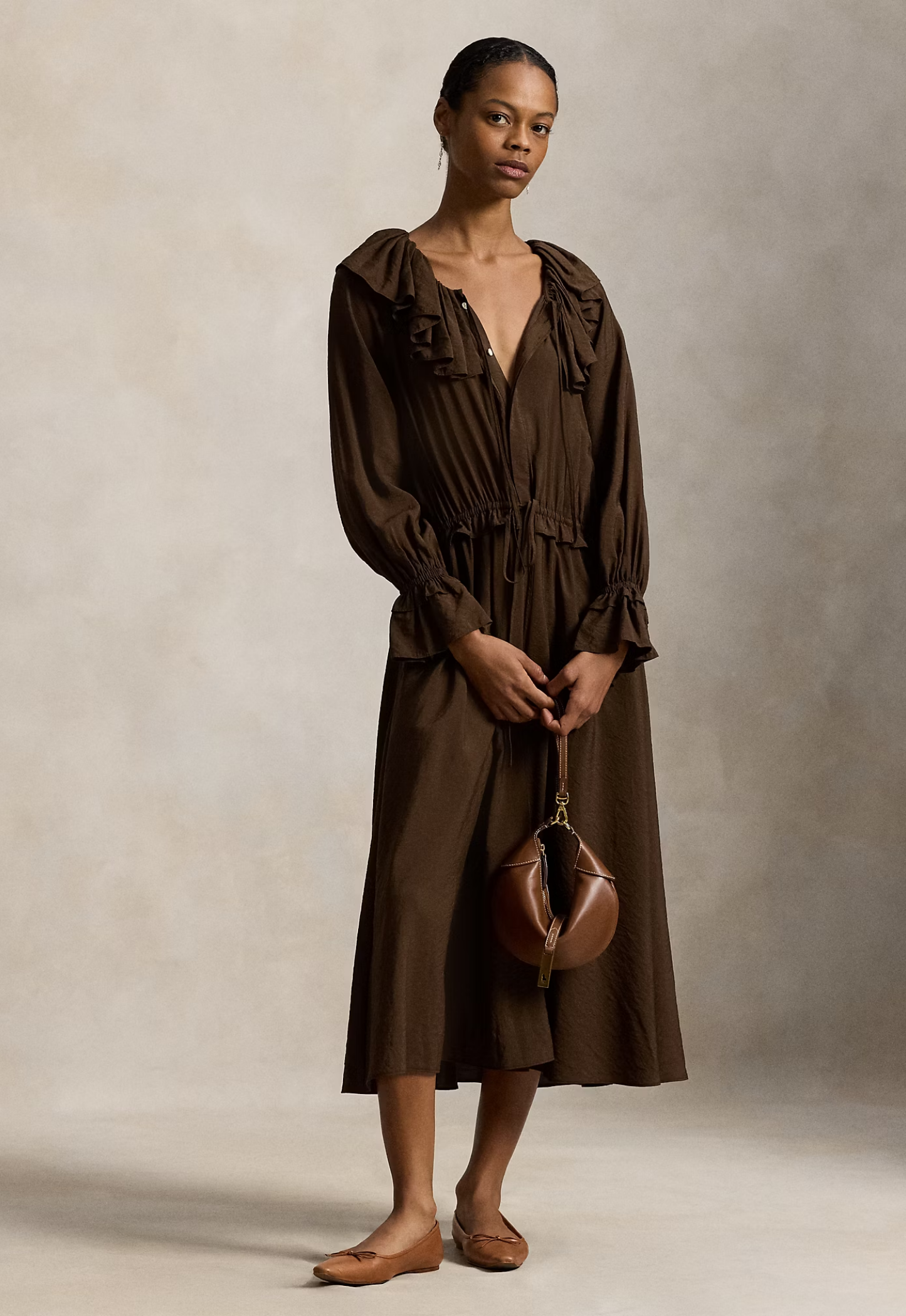 RALPH LAUREN WOMENS Ruffled Blouson Crepe Dress Dark Brown
