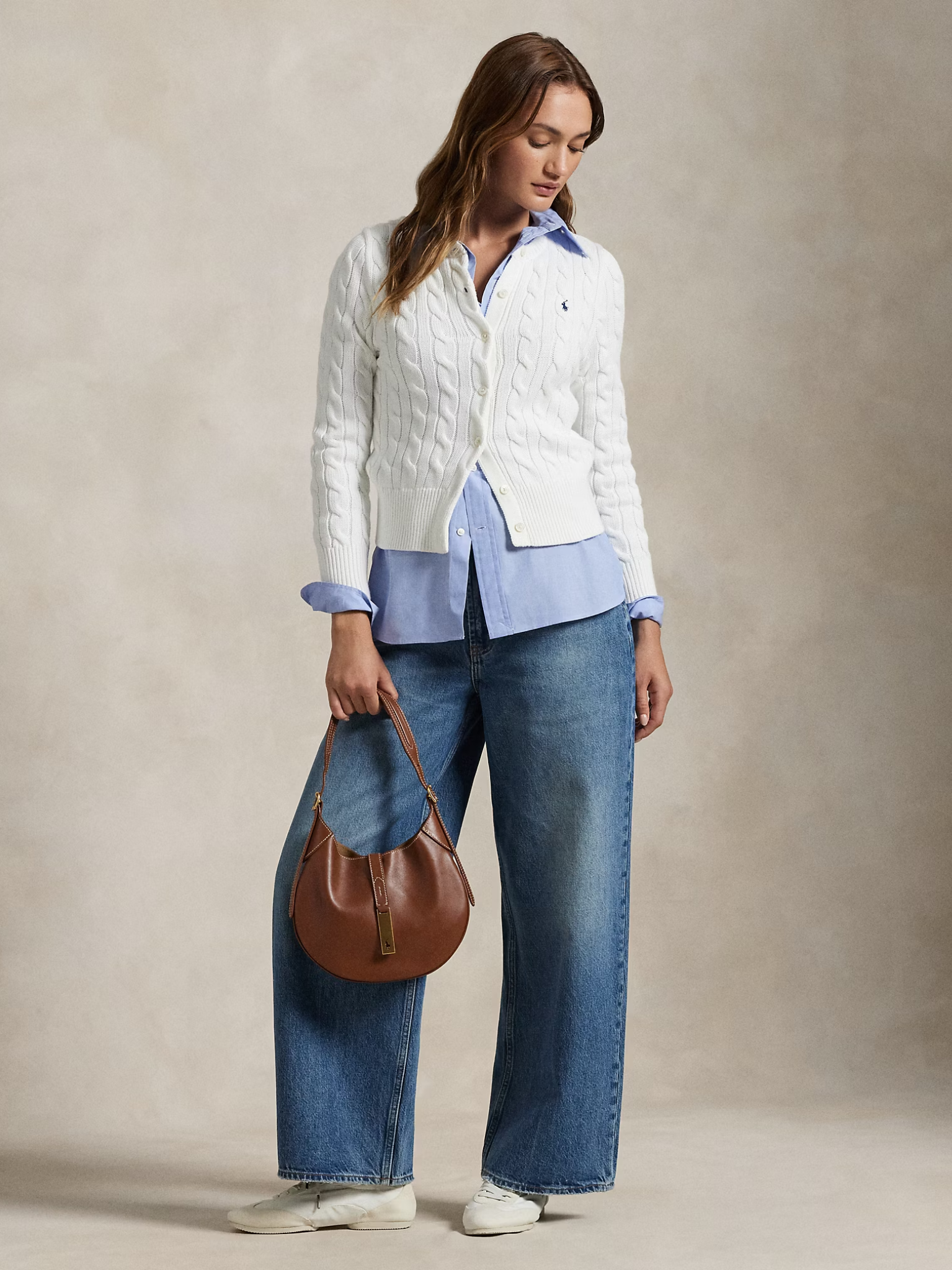 RALPH LAUREN WOMEN Cable-Knit Cotton Crewneck Cardigan White