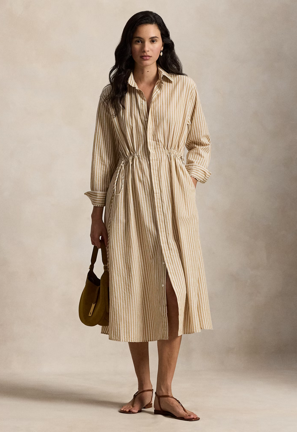 RALPH LAUREN WOMENS Striped Cotton-Linen Drawcord Shirtdress Classic Camel/White