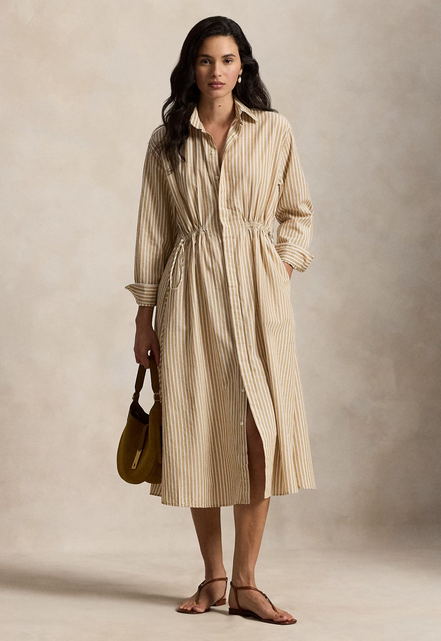 RALPH LAUREN WOMENS Striped Cotton-Linen Drawcord Shirtdress Classic Camel/White