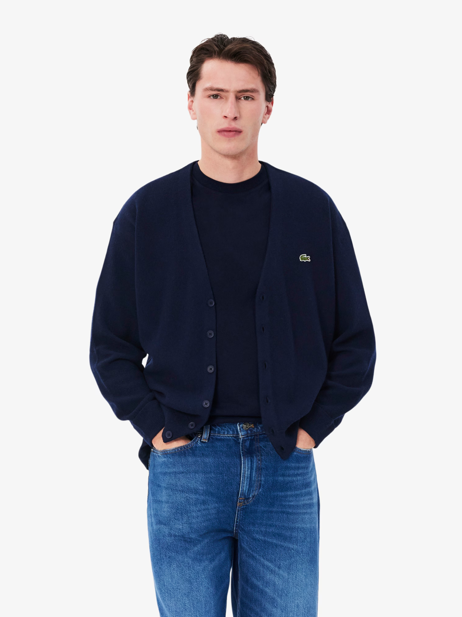 LACOSTE Relaxed Fit Carded Wool Cardigan Midnight Blue