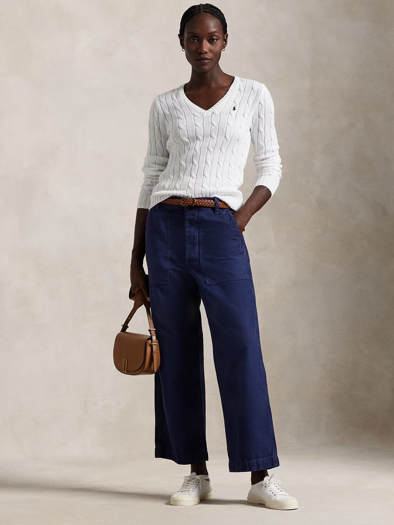 RALPH LAUREN WOMEN Cable-Knit Cotton V-Neck Jumper White