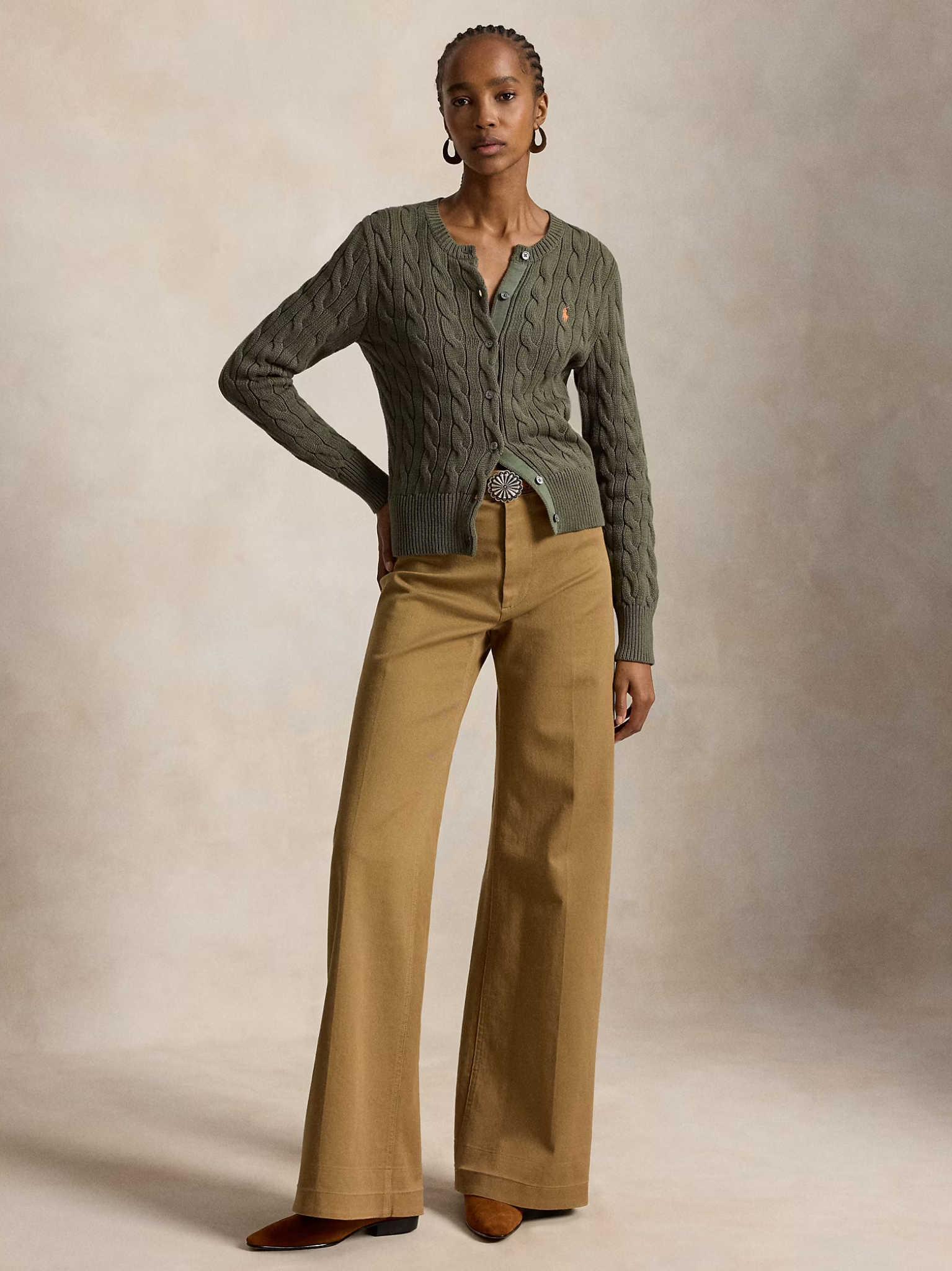 RALPH LAUREN WOMEN Cable-knit Cotton Crewneck Cardigan Dense Olive