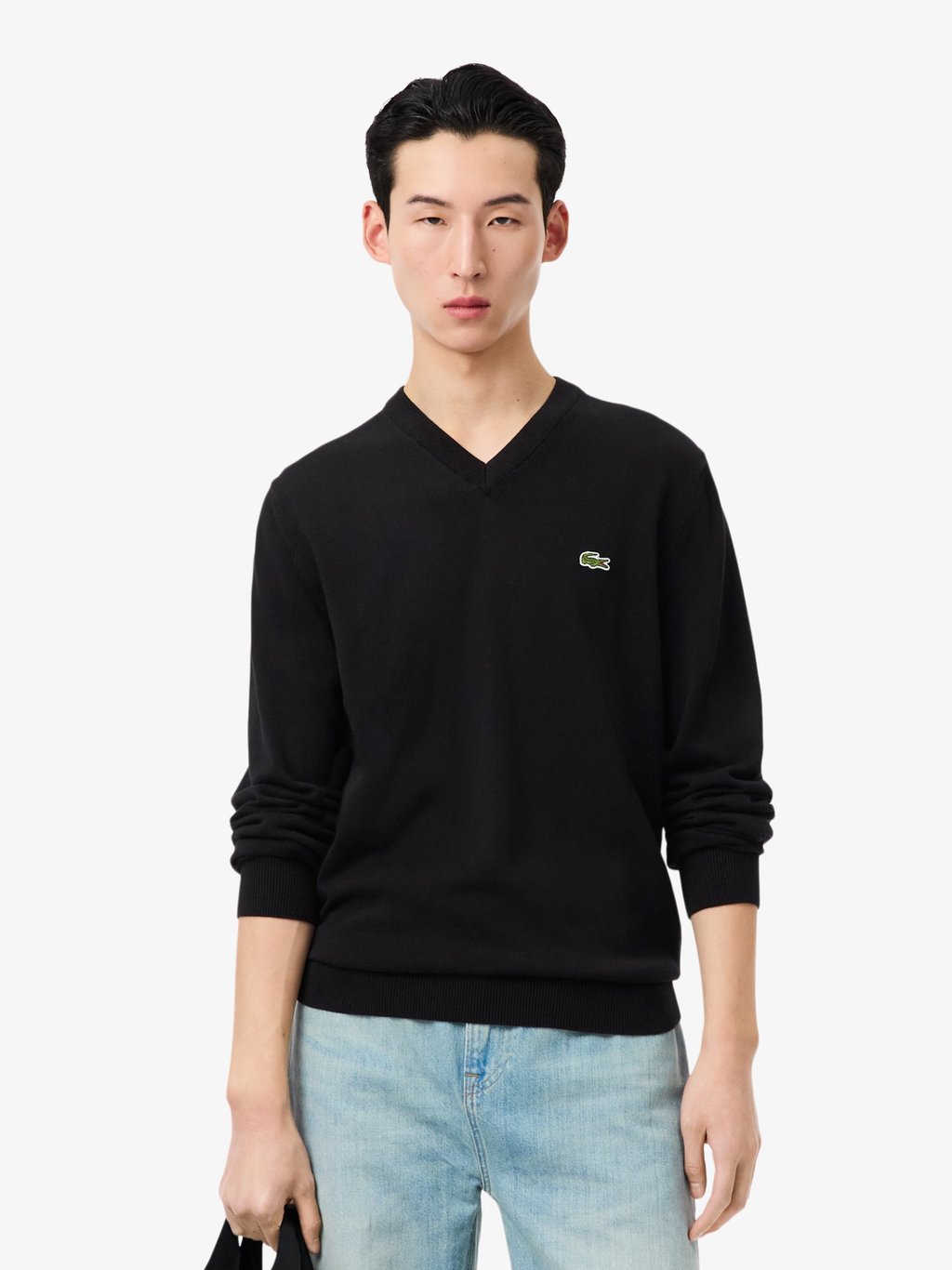 LACOSTE Monochrome Cotton V-neck Sweater Black