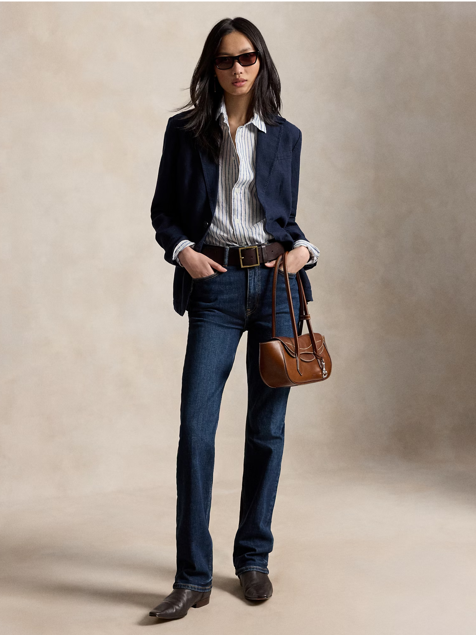 RALPH LAUREN WOMEN Wide Cropped Gingham Linen Shirt Navy Light