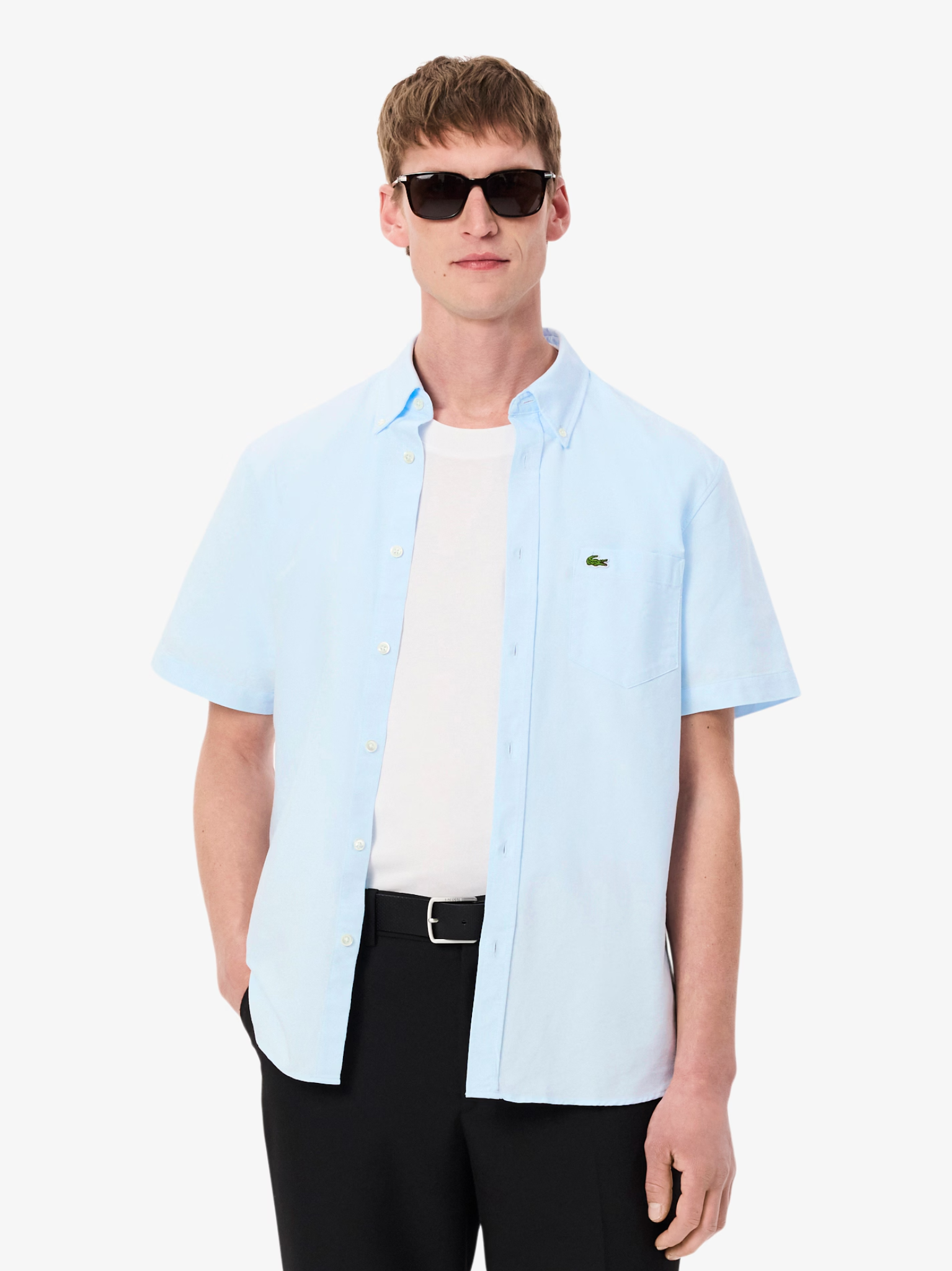 LACOSTE Regular Fit Short Sleeved Oxford Shirt Light Blue
