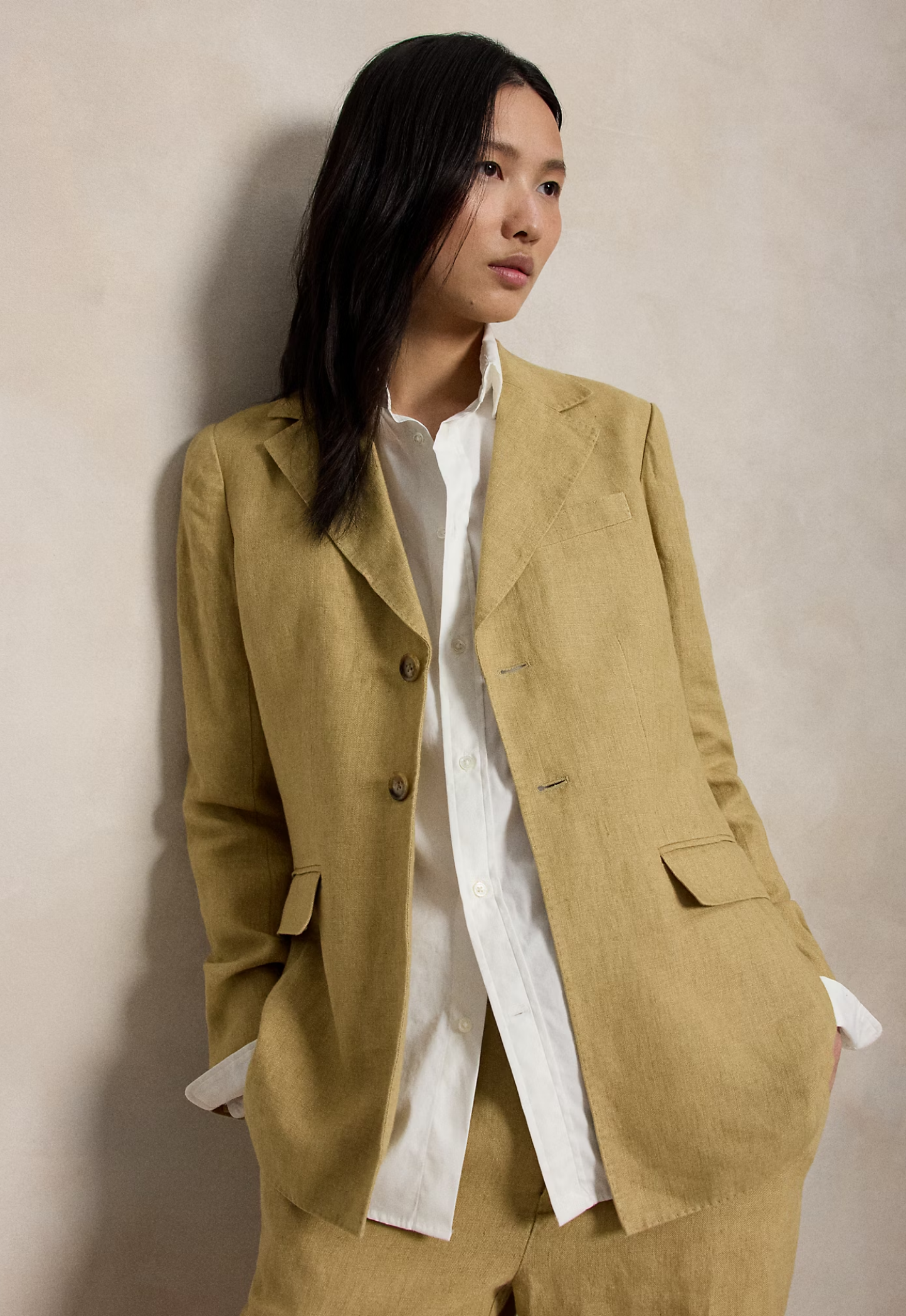 RALPH LAUREN WOMENS Single-Breasted Délavé Linen Blazer Classic Camel