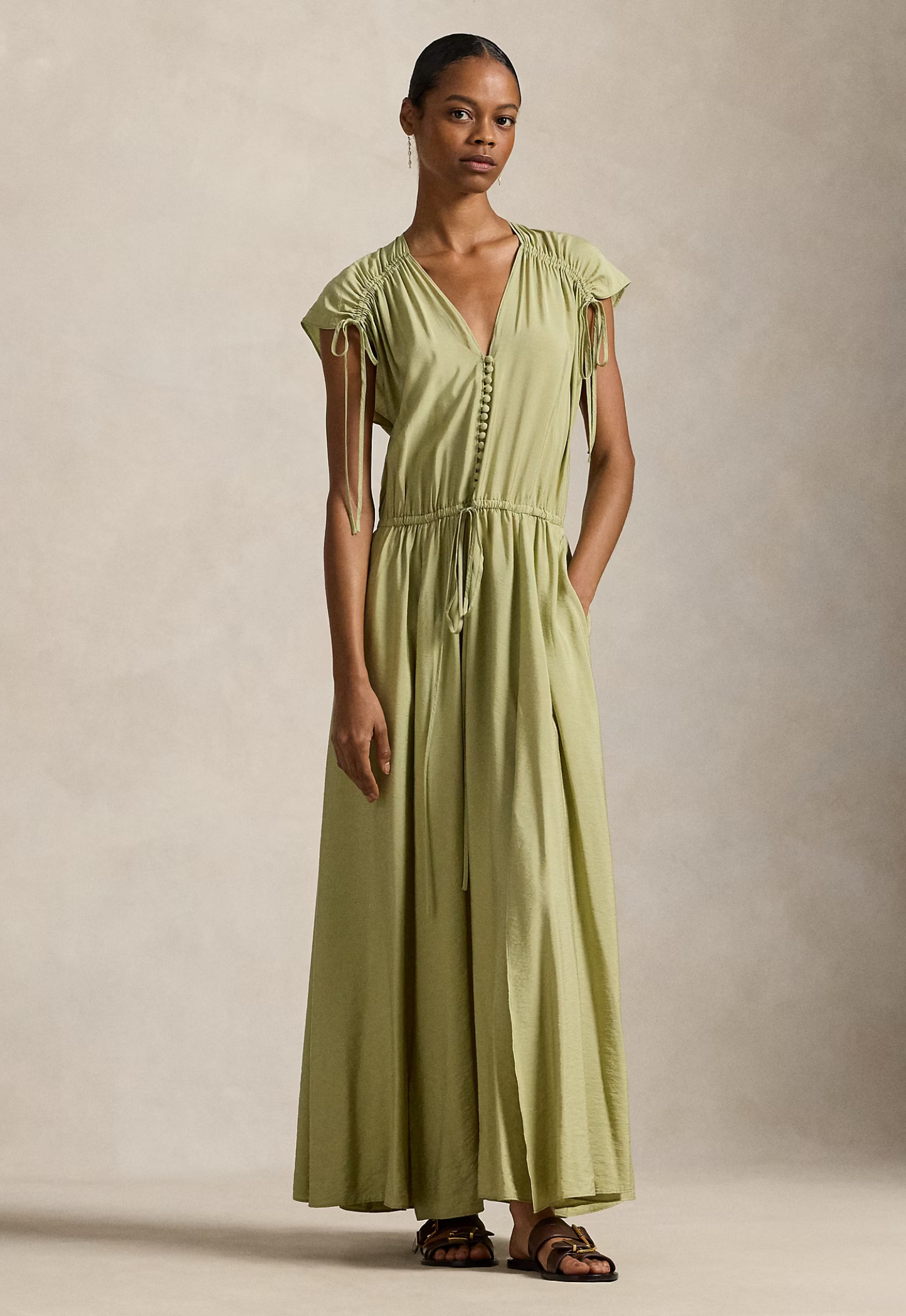 RALPH LAUREN WOMENS Tie-Shoulder Crepe Dress Light Olive