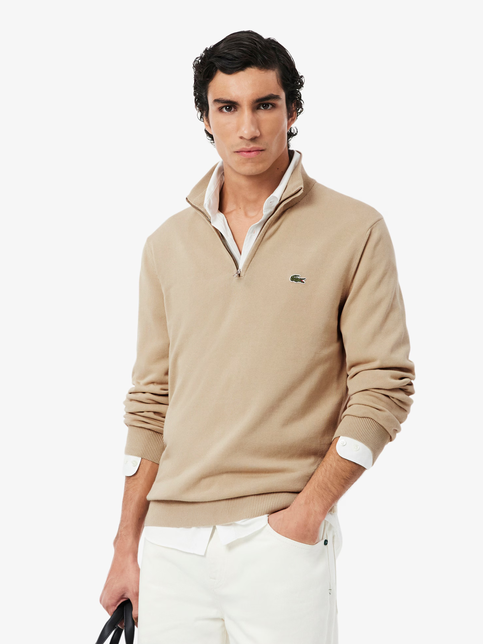 LACOSTE Zipped High Neck Cotton Sweater Beige