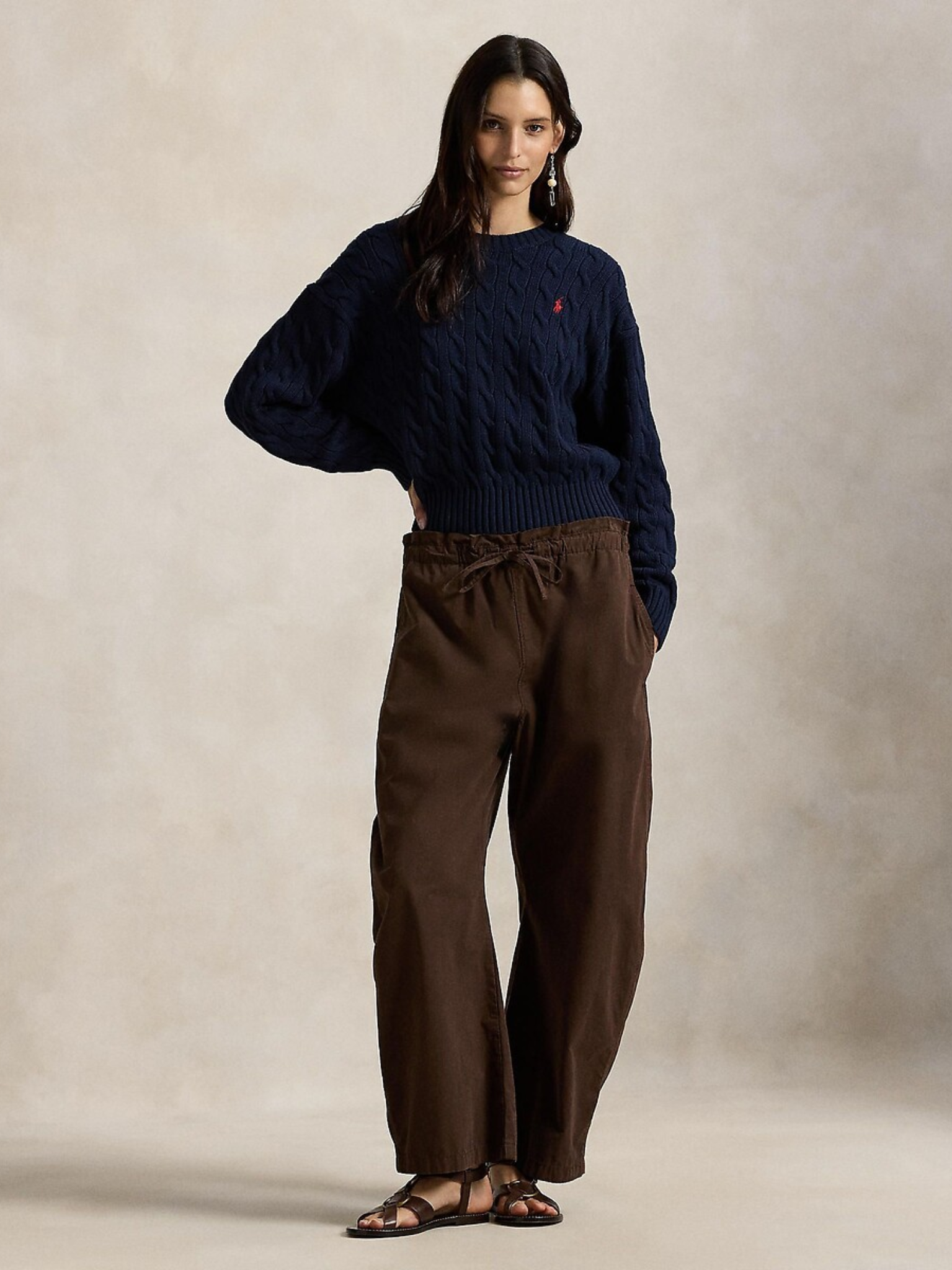 RALPH LAUREN WOMEN Loose Fit Cable-Knit Wool Jumper Navy