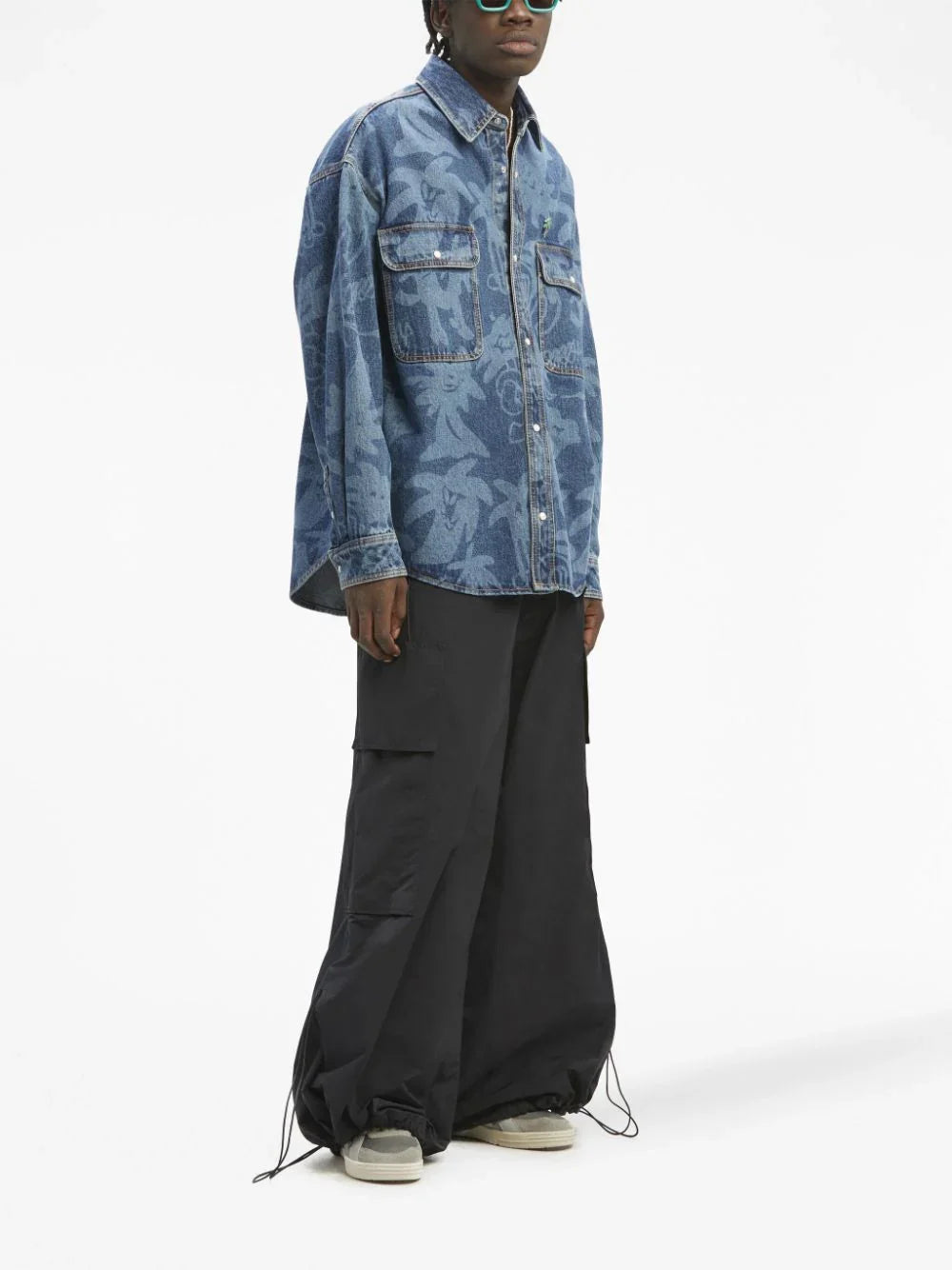 PALM ANGELS Palmity Allover Laser Denim Shirt Blue/Light Blue