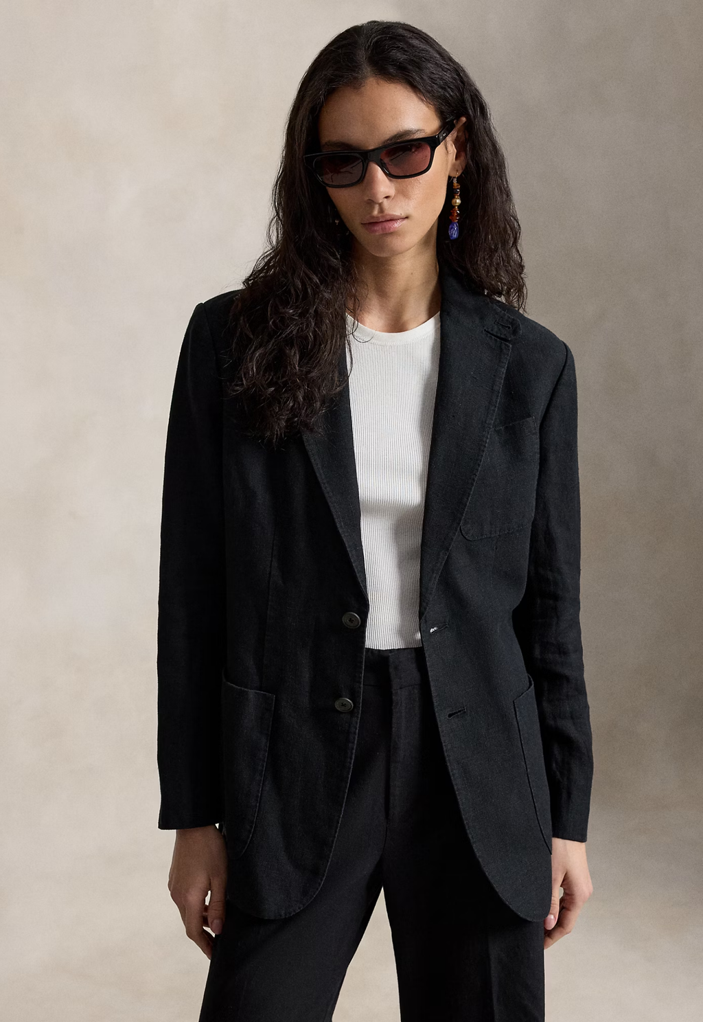 RALPH LAUREN WOMENS Single-Breasted Linen Blazer Polo Black