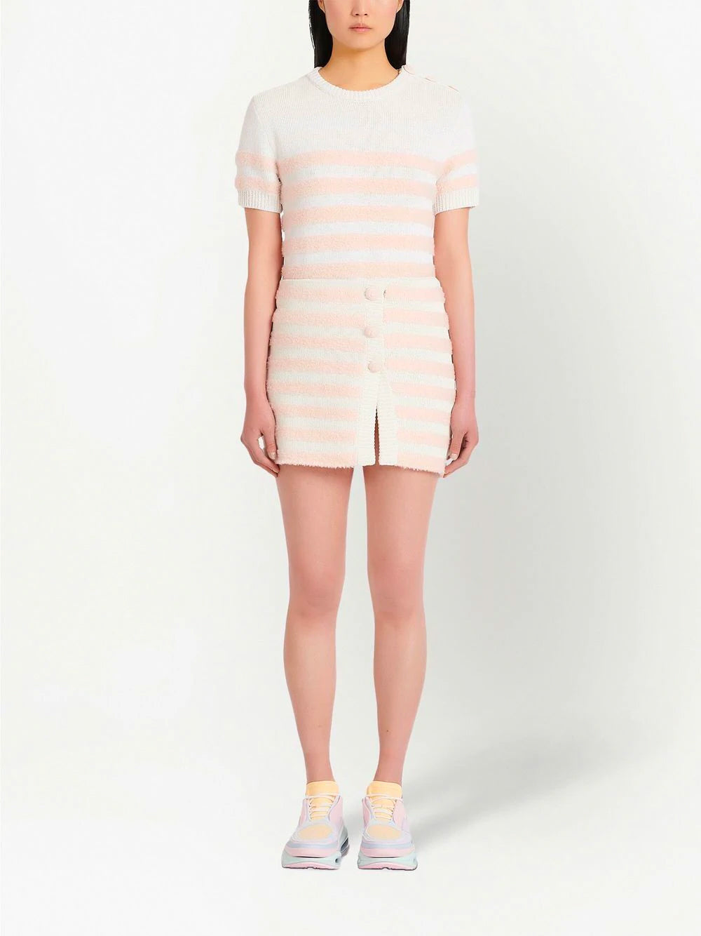 BALMAIN WOMEN Striped Knitted Button-up Skirt Pink White