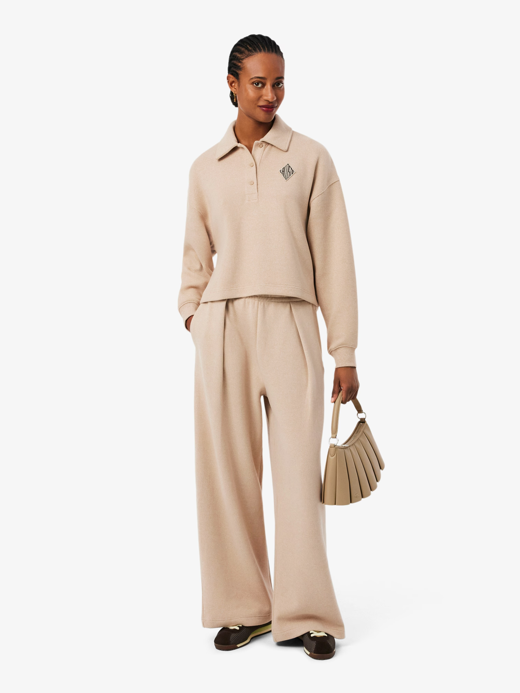 LACOSTE WOMEN Oversized Ribbed Polo Sweatshirt Brown