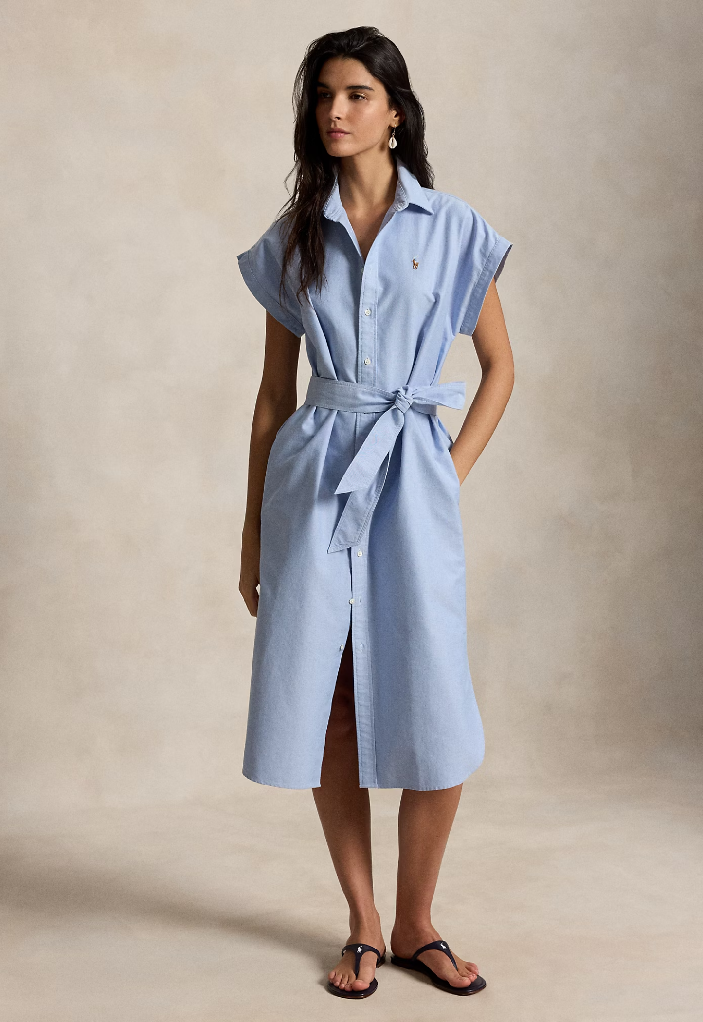 RALPH LAUREN WOMENS Belted Cotton Oxford Shirt Dress Blue