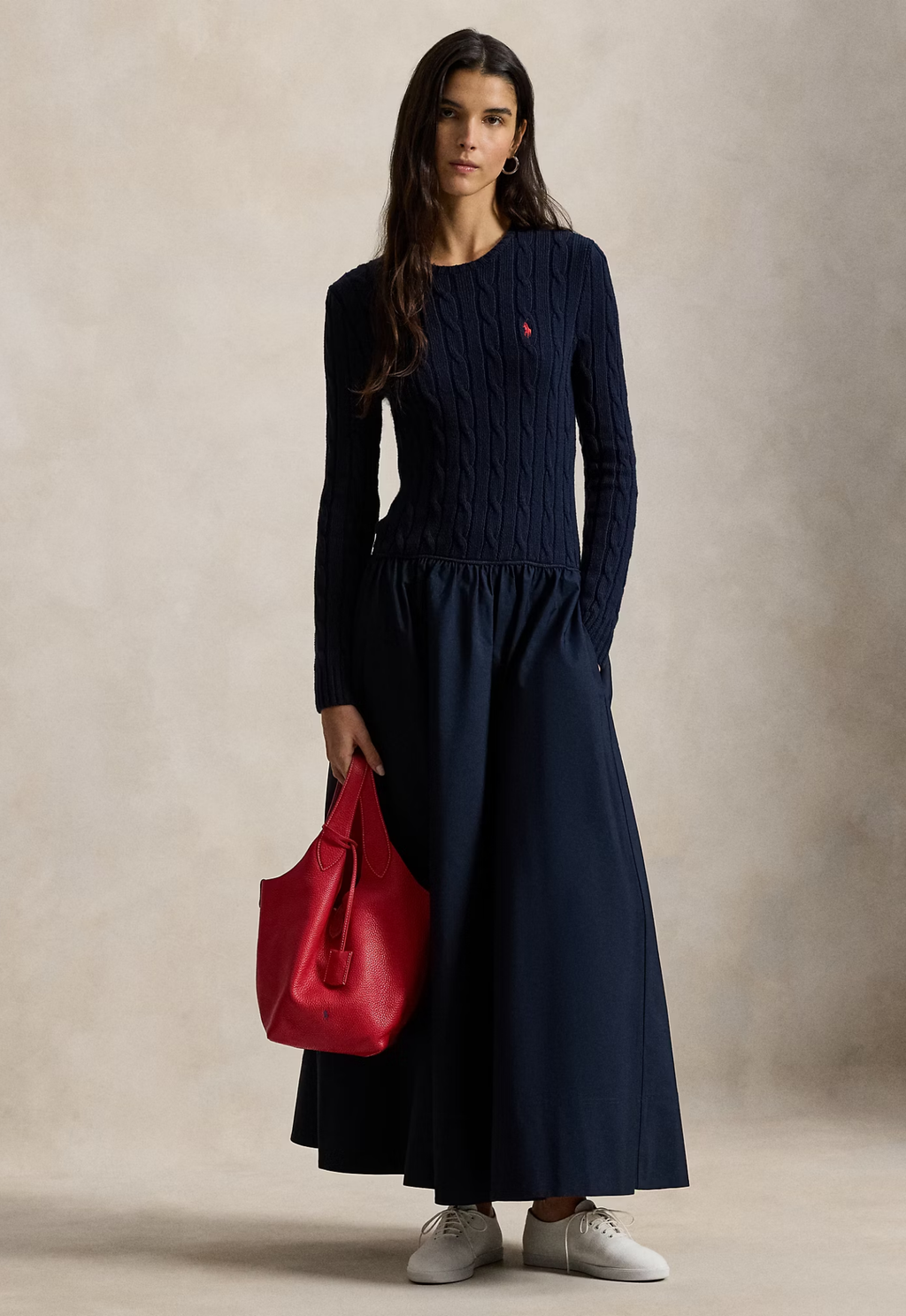 RALPH LAUREN WOMENS Cable-Knit Bodice Cotton Dress Hunter Navy