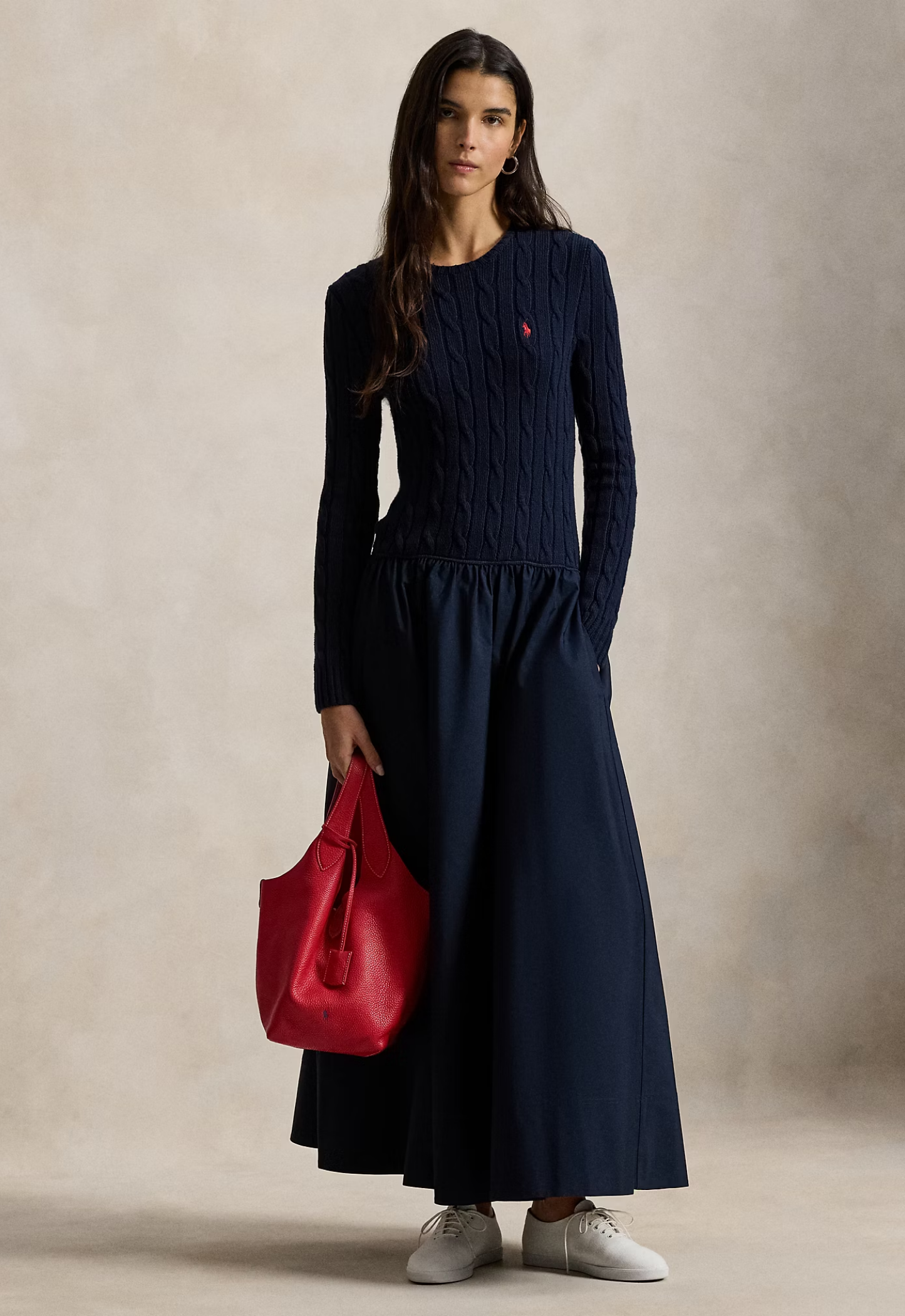RALPH LAUREN WOMENS Cable-Knit Bodice Cotton Dress Hunter Navy