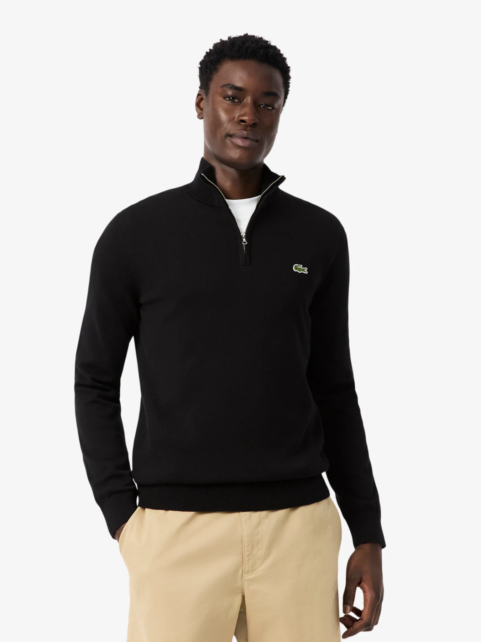 LACOSTE Zipped High Neck Cotton Sweater Black