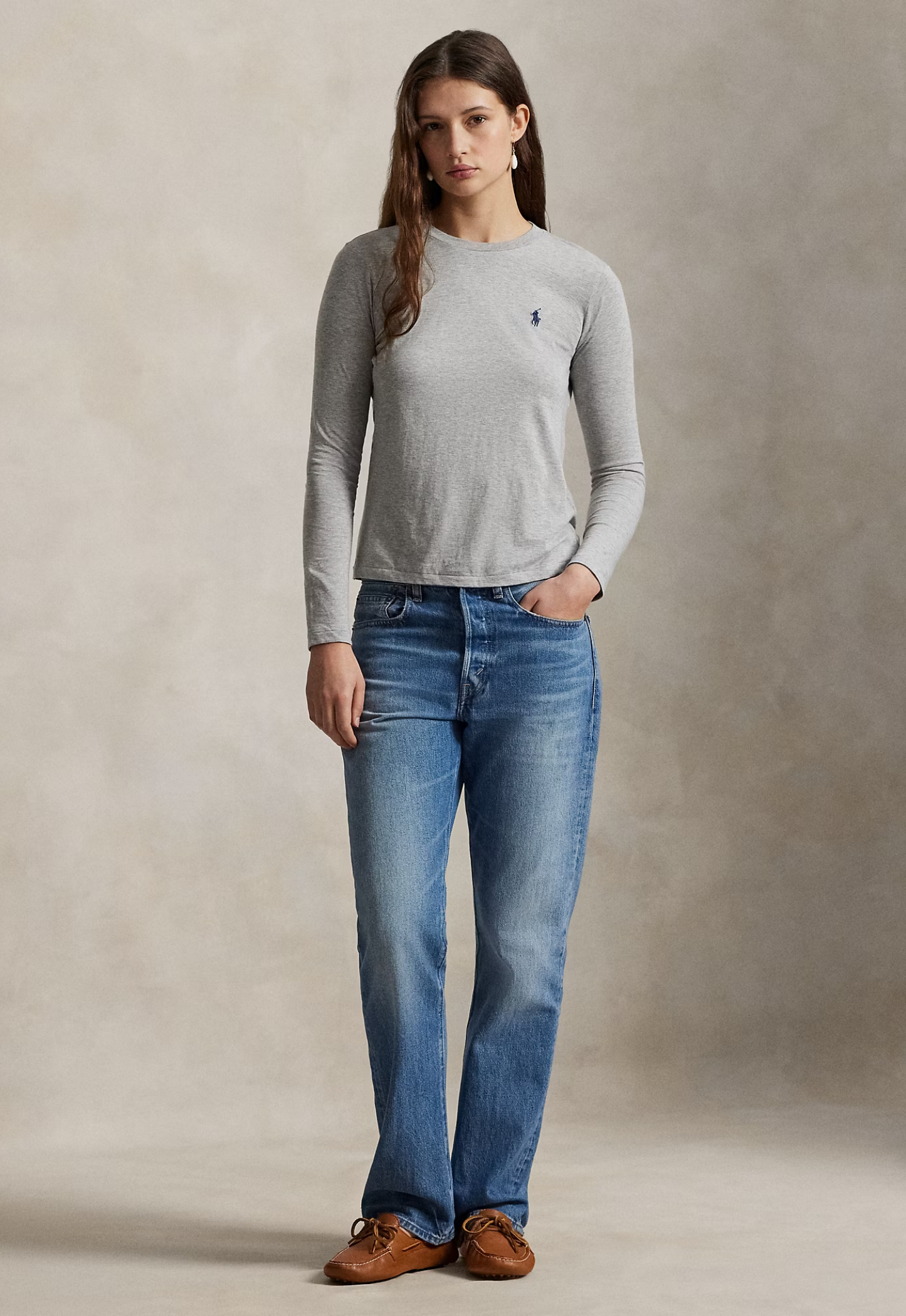 RALPH LAUREN WOMENS Classic Fit Jersey Long-Sleeve Tee Cobblestone Heather