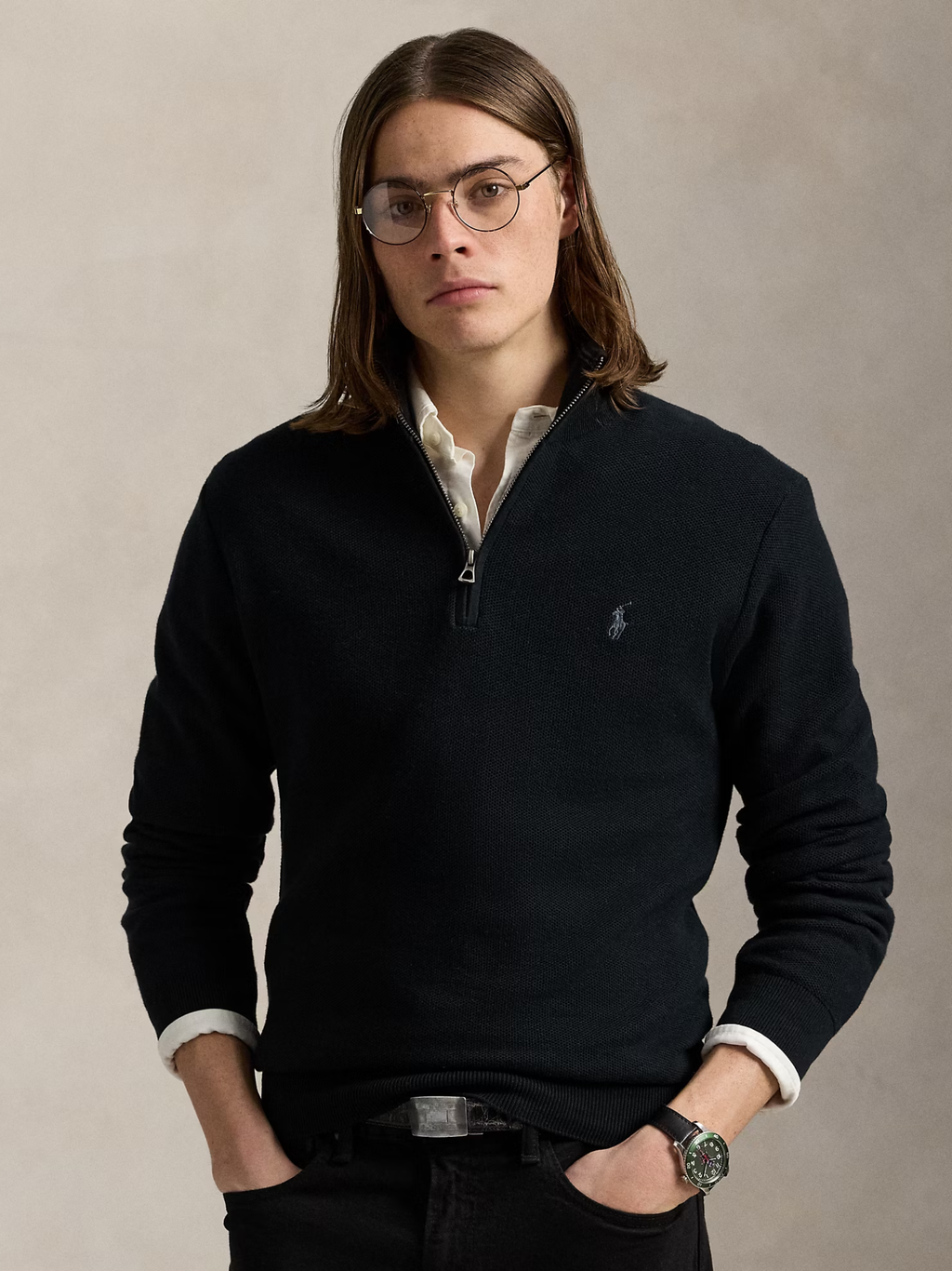 RALPH LAUREN Mesh-Knit Cotton Quarter-Zip Jumper Black