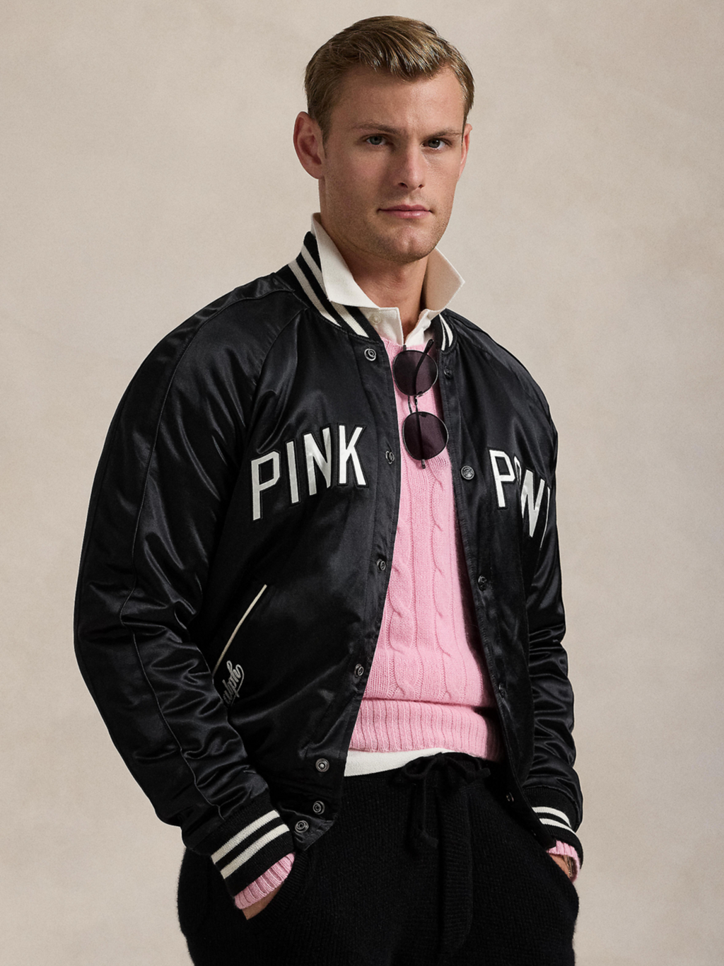 RALPH LAUREN Pink Pony Satin Baseball Jacket Black