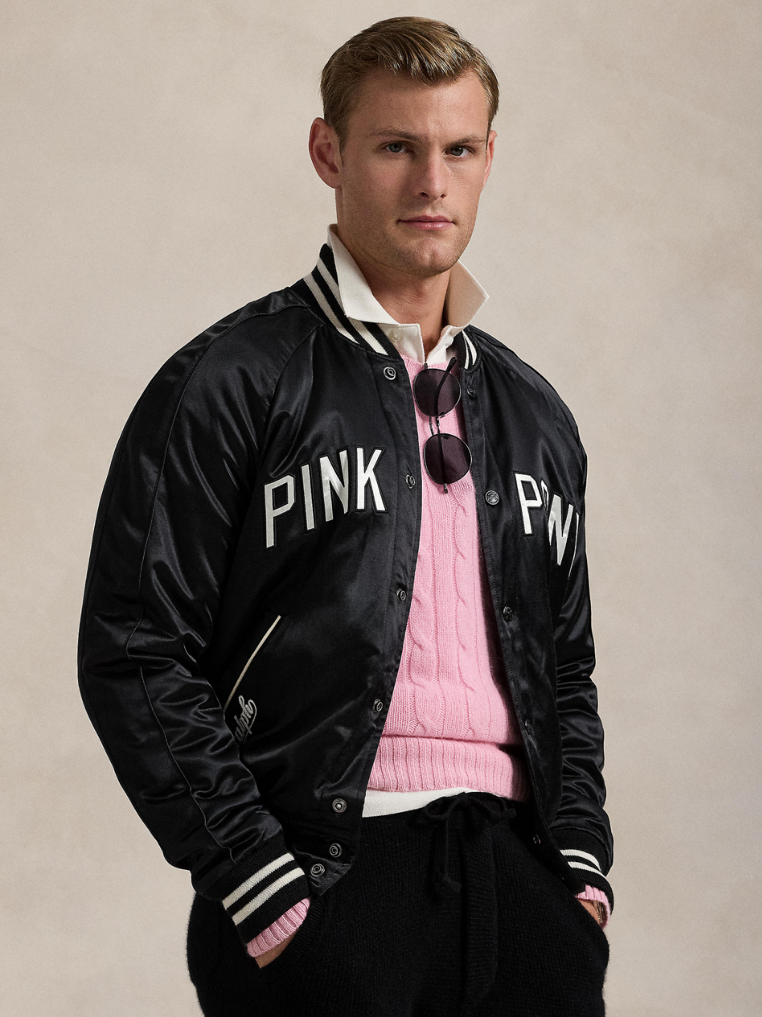 RALPH LAUREN Pink Pony Satin Baseball Jacket Black
