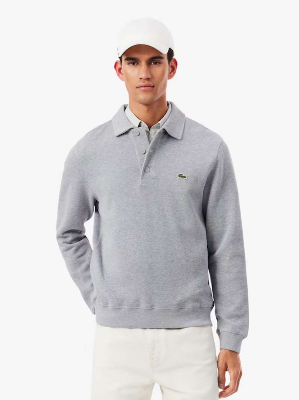 LACOSTE Ribbed Cotton Polo Collar Sweatshirt Light Heathered Grey