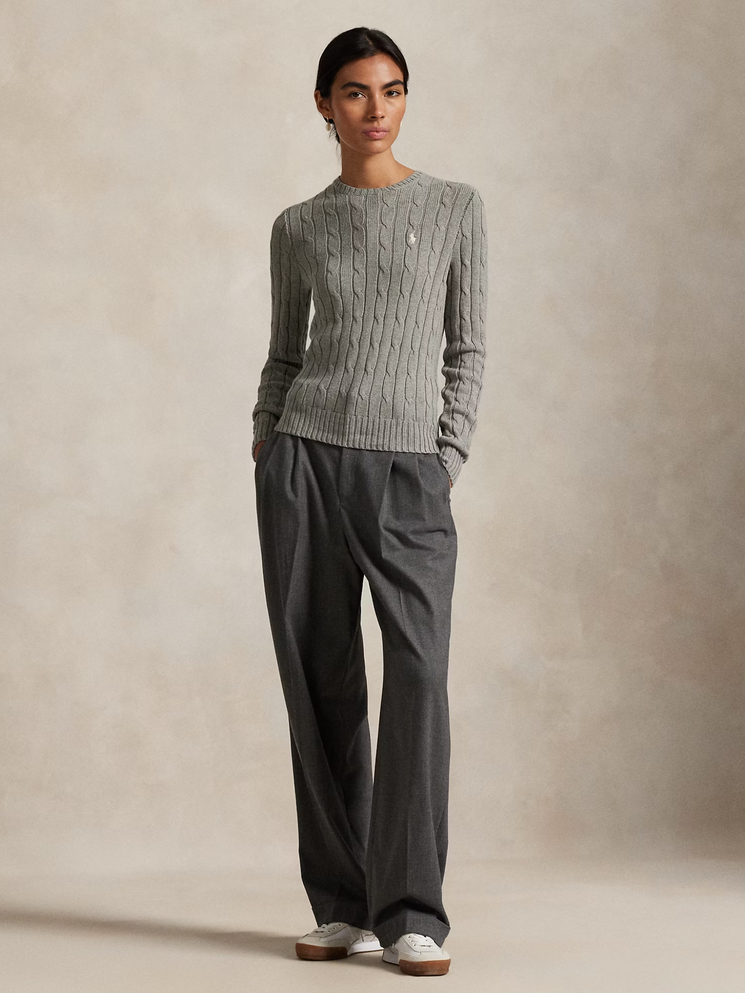 RALPH LAUREN WOMEN Cable-Knit Cotton Crewneck Jumper Fawn Grey Heather