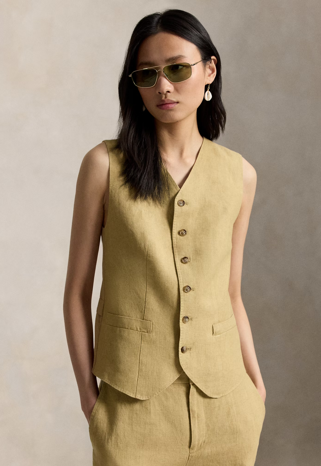 RALPH LAUREN WOMENS Buttoned Délavé Linen Waistcoat Classic Camel