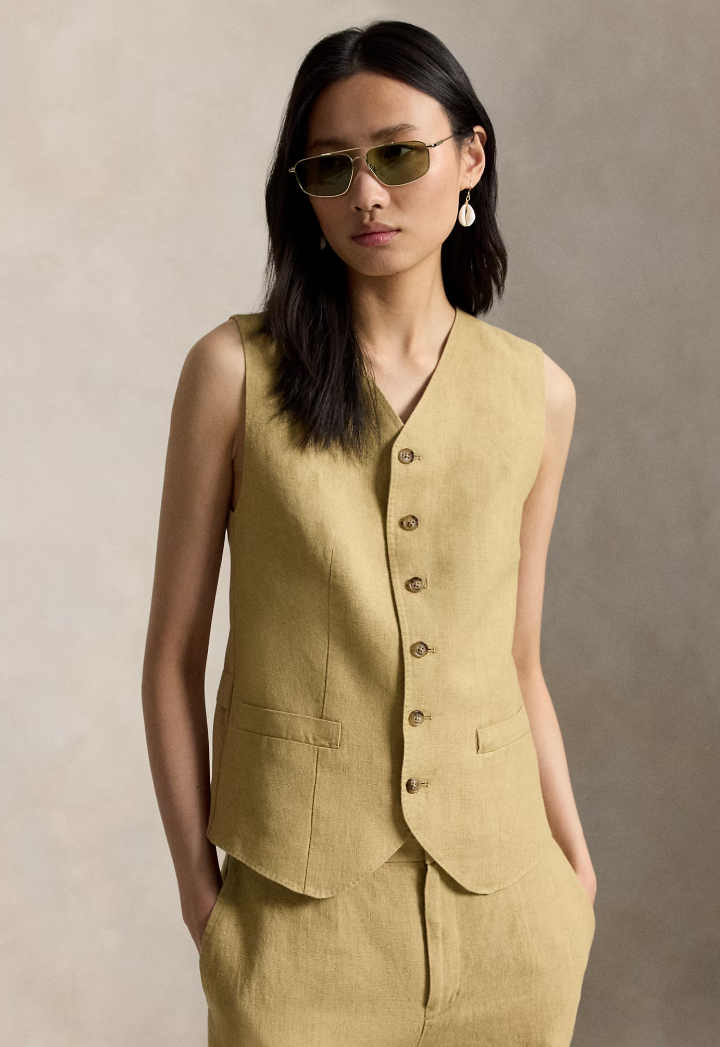 RALPH LAUREN WOMENS Buttoned Délavé Linen Waistcoat Classic Camel