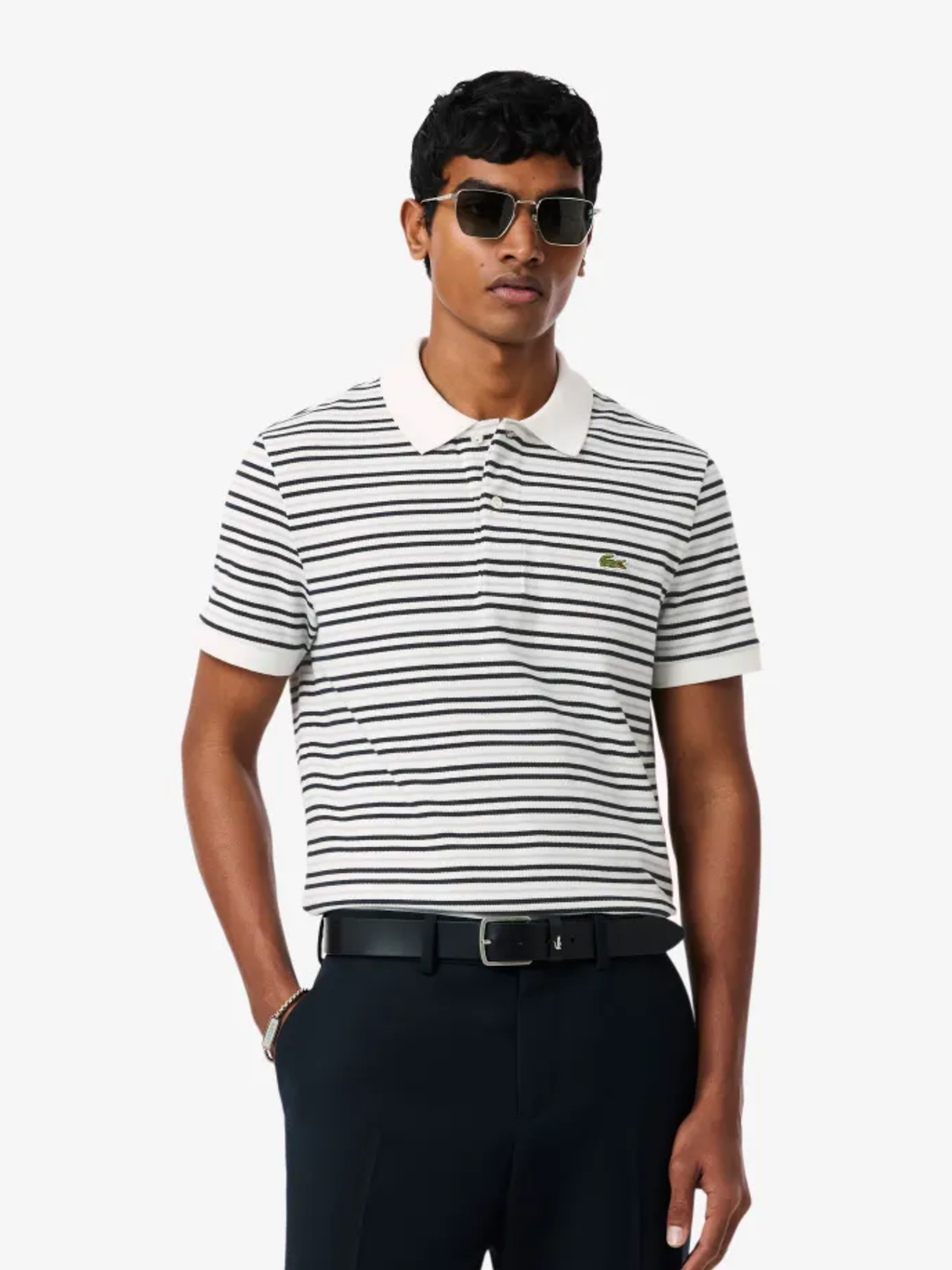 LACOSTE Classic Fit Striped Petit Pique Polo Shirt White/Black