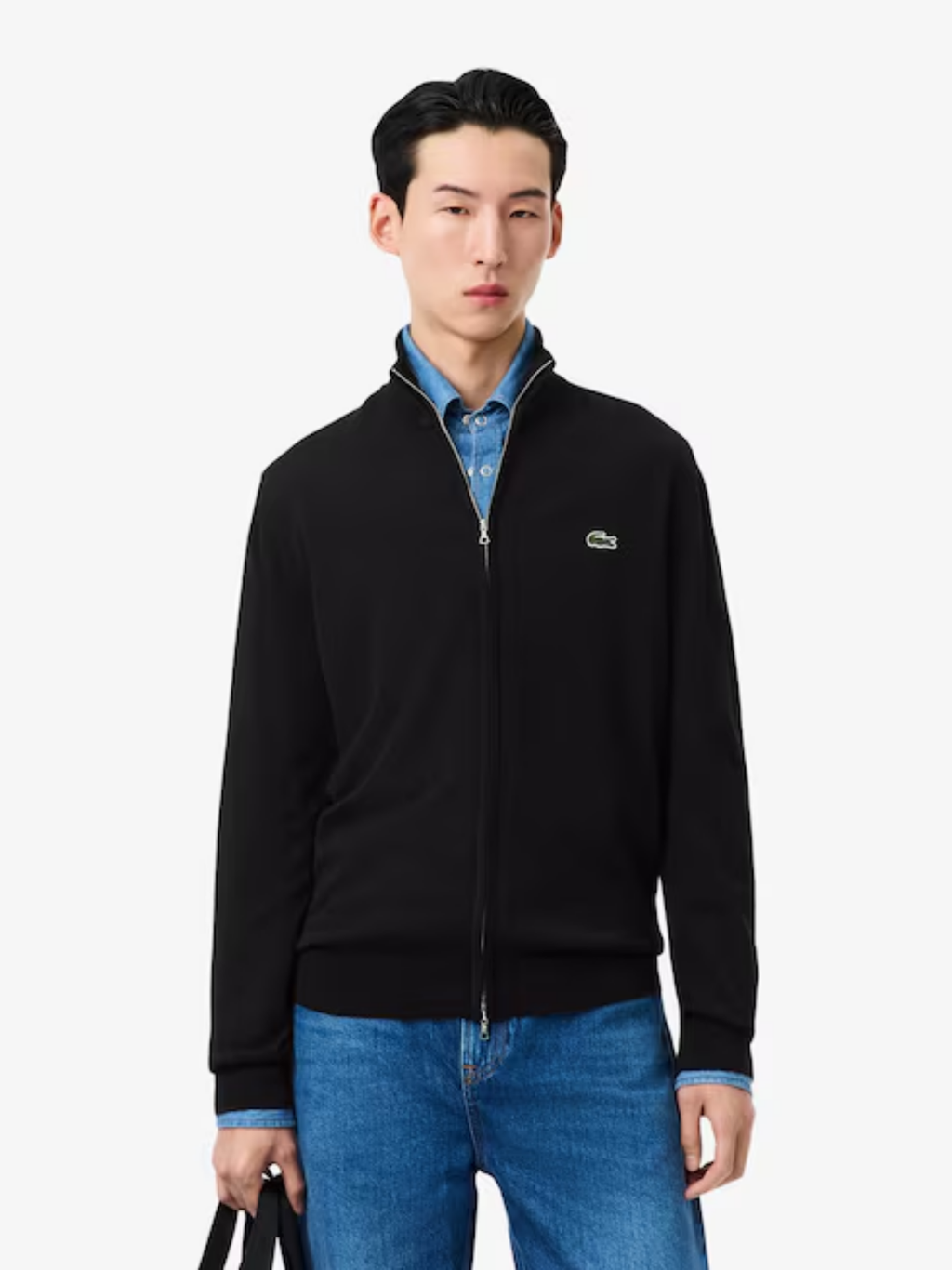 LACOSTE Zipped High Neck Cotton Sweater Black