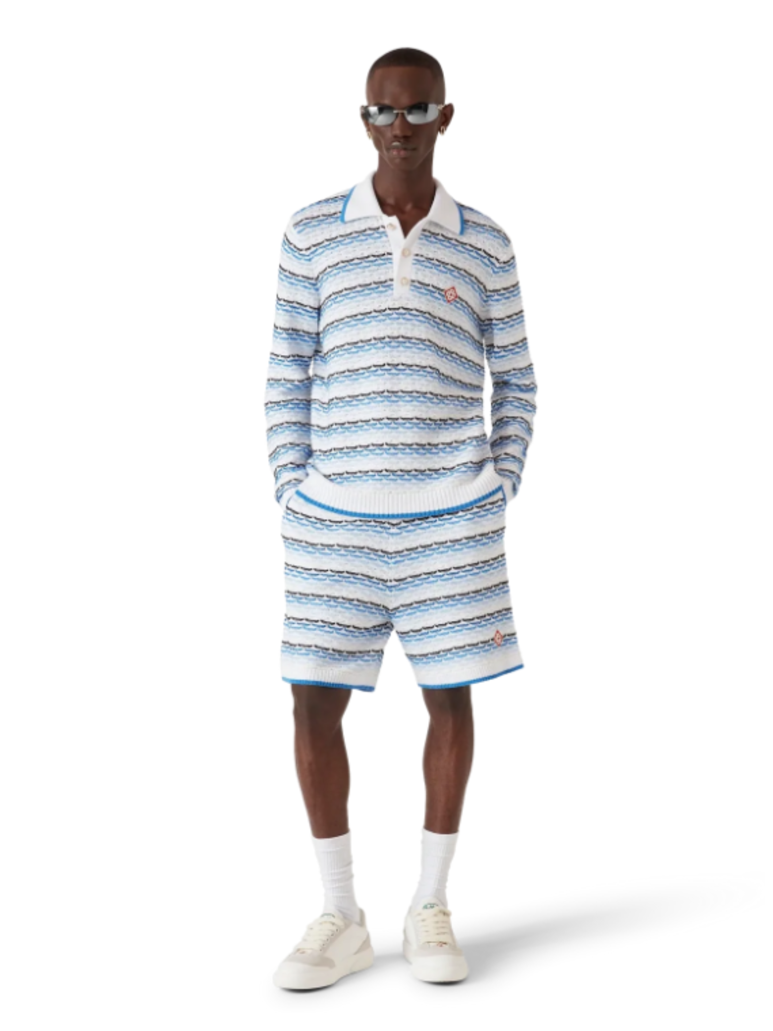 CASABLANCA Tuck Stitch Long Sleeve Polo Shirt Blue