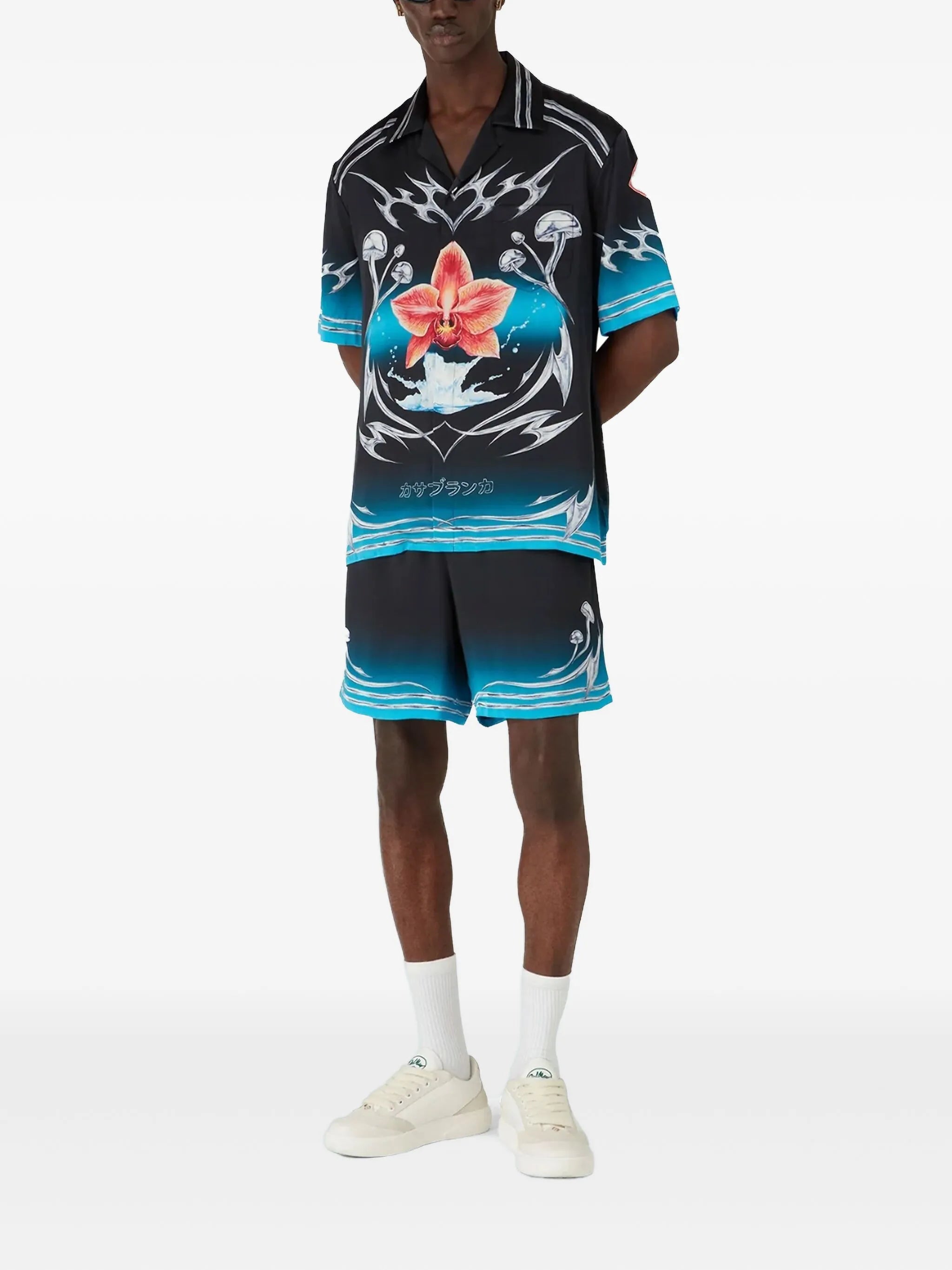CASABLANCA Blades Short Sleeve Silk Satin Shirt Black/Multicolour