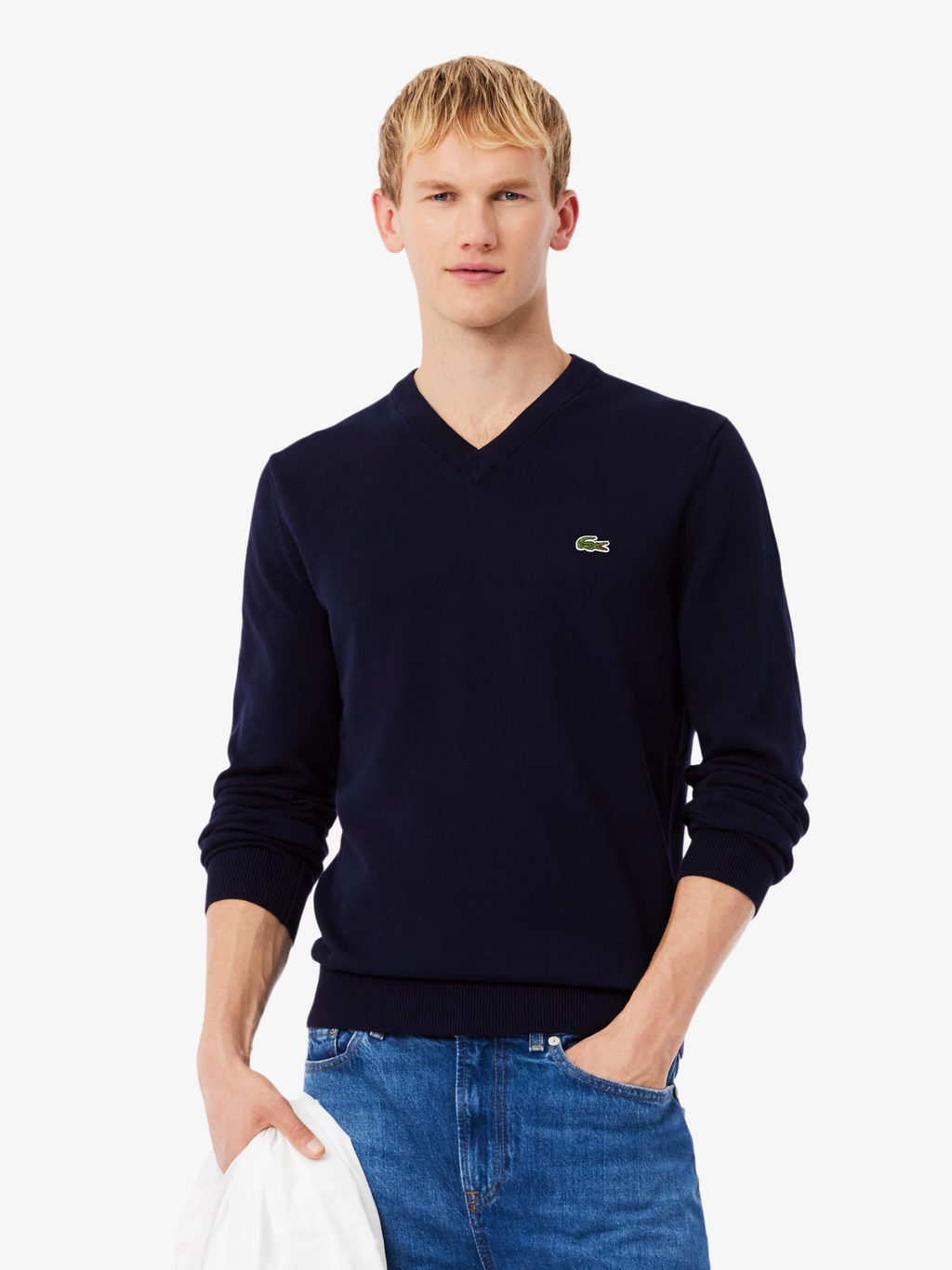 LACOSTE Monochrome Cotton V-neck Sweater Midnight Blue