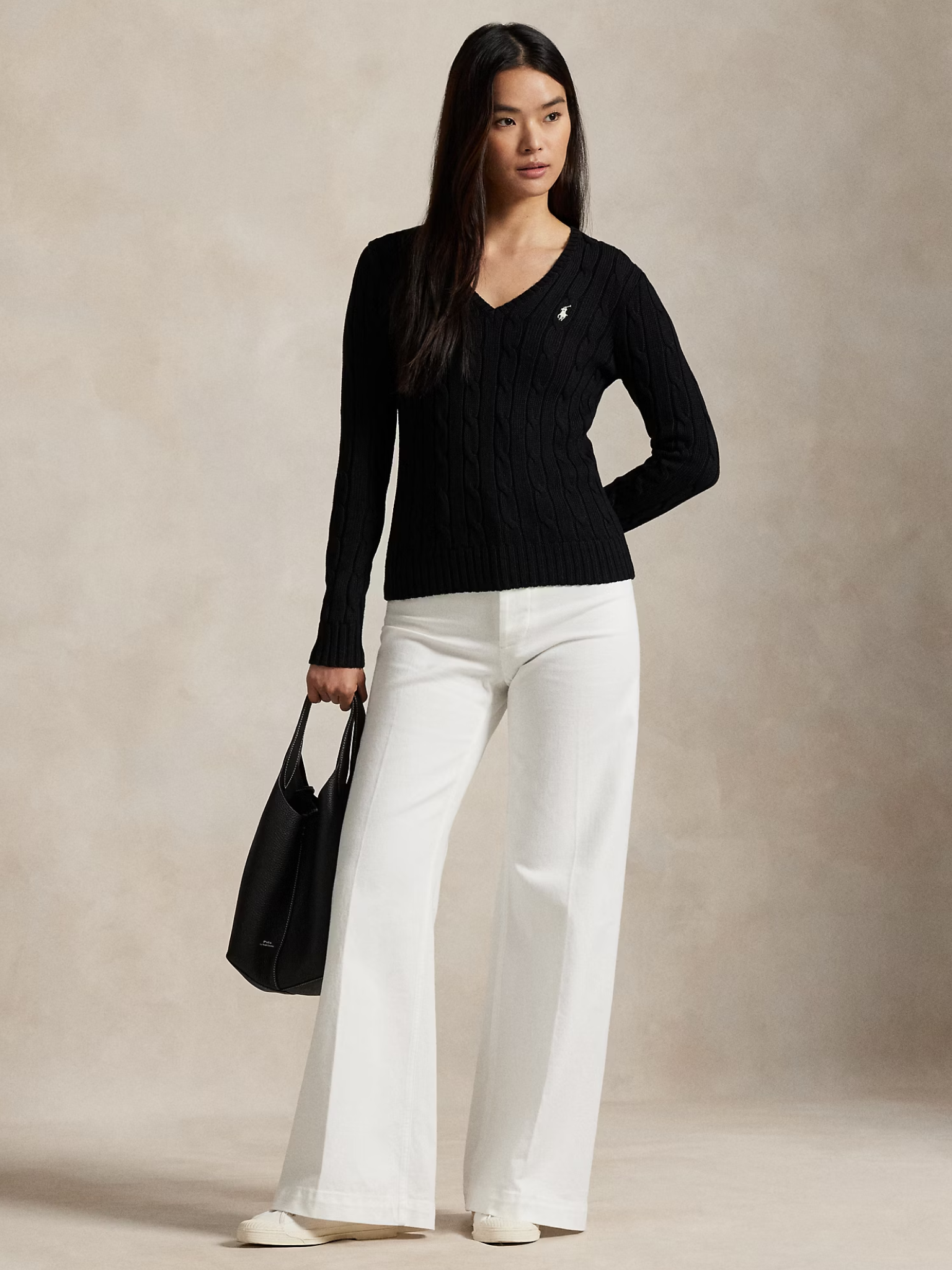 RALPH LAUREN WOMEN Cable-Knit Cotton V-Neck Jumper Polo Black