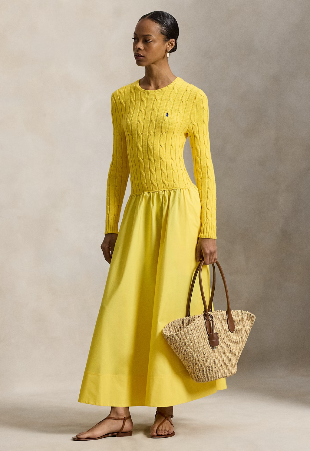 RALPH LAUREN WOMENS Cable-Knit Bodice Cotton Dress Coastal Yellow