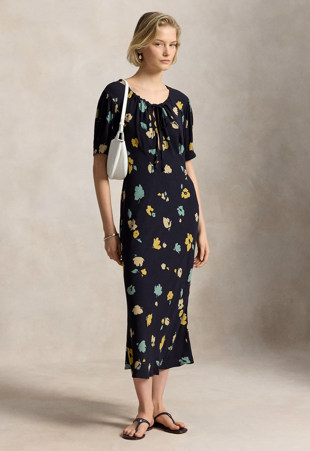 RALPH LAUREN WOMENS Floral-Print Crepe Dress Tulip Navy/Yellow Multi
