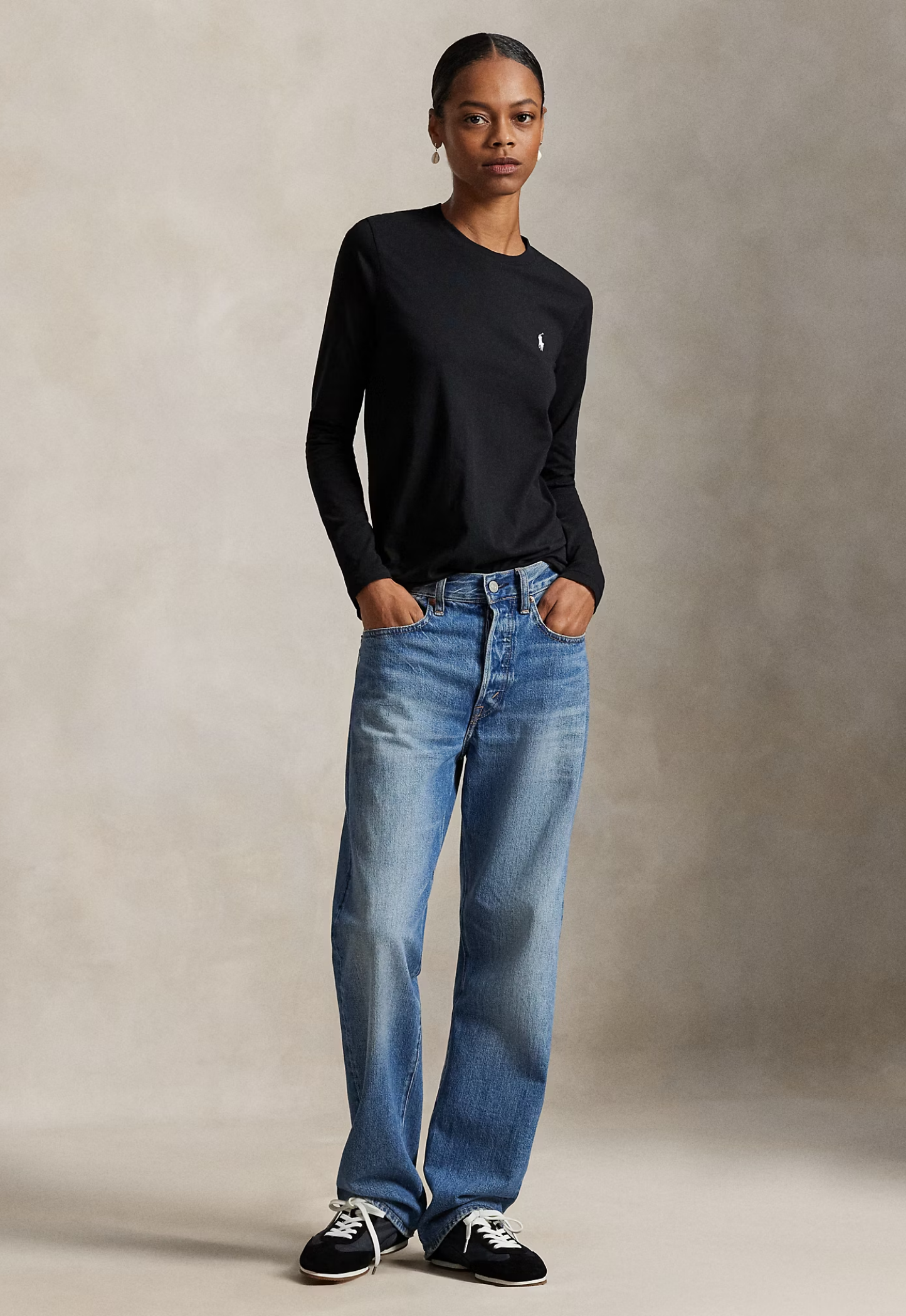 RALPH LAUREN WOMENS Classic Fit Jersey Long-Sleeve Tee Polo Black