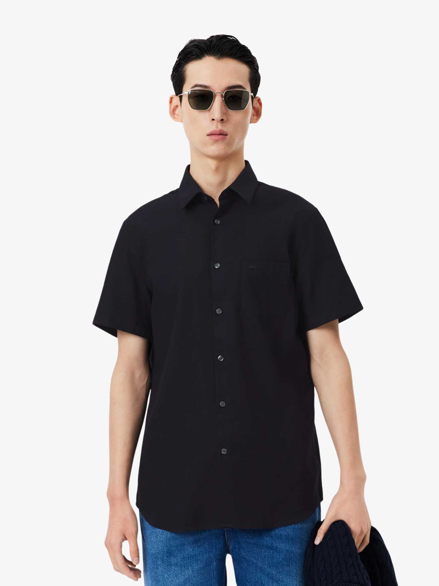 LACOSTE Regular Fit Short Sleeved Cotton Shirt Navy Blue