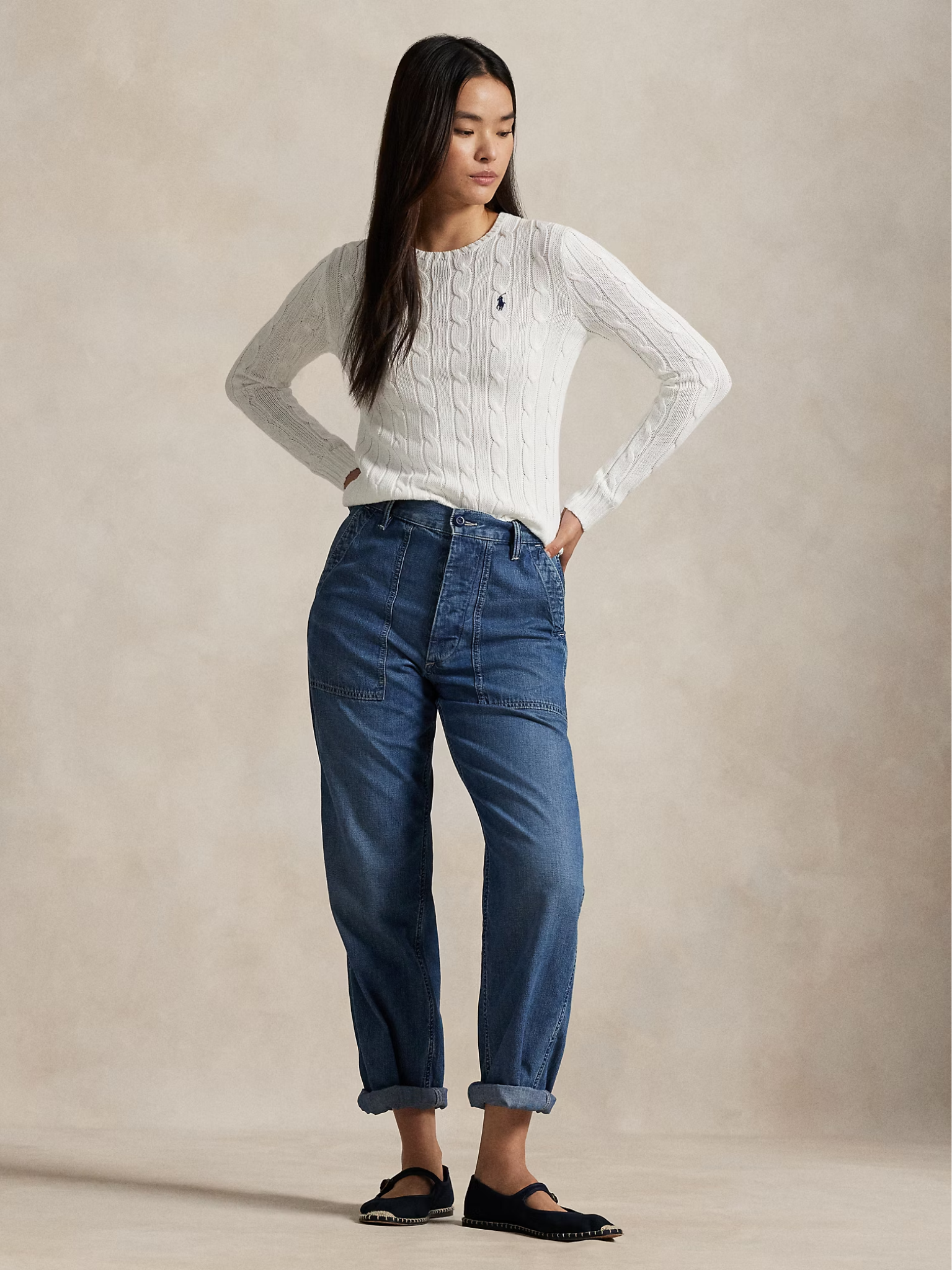 RALPH LAUREN WOMEN Cable-Knit Cotton Crewneck Jumper White