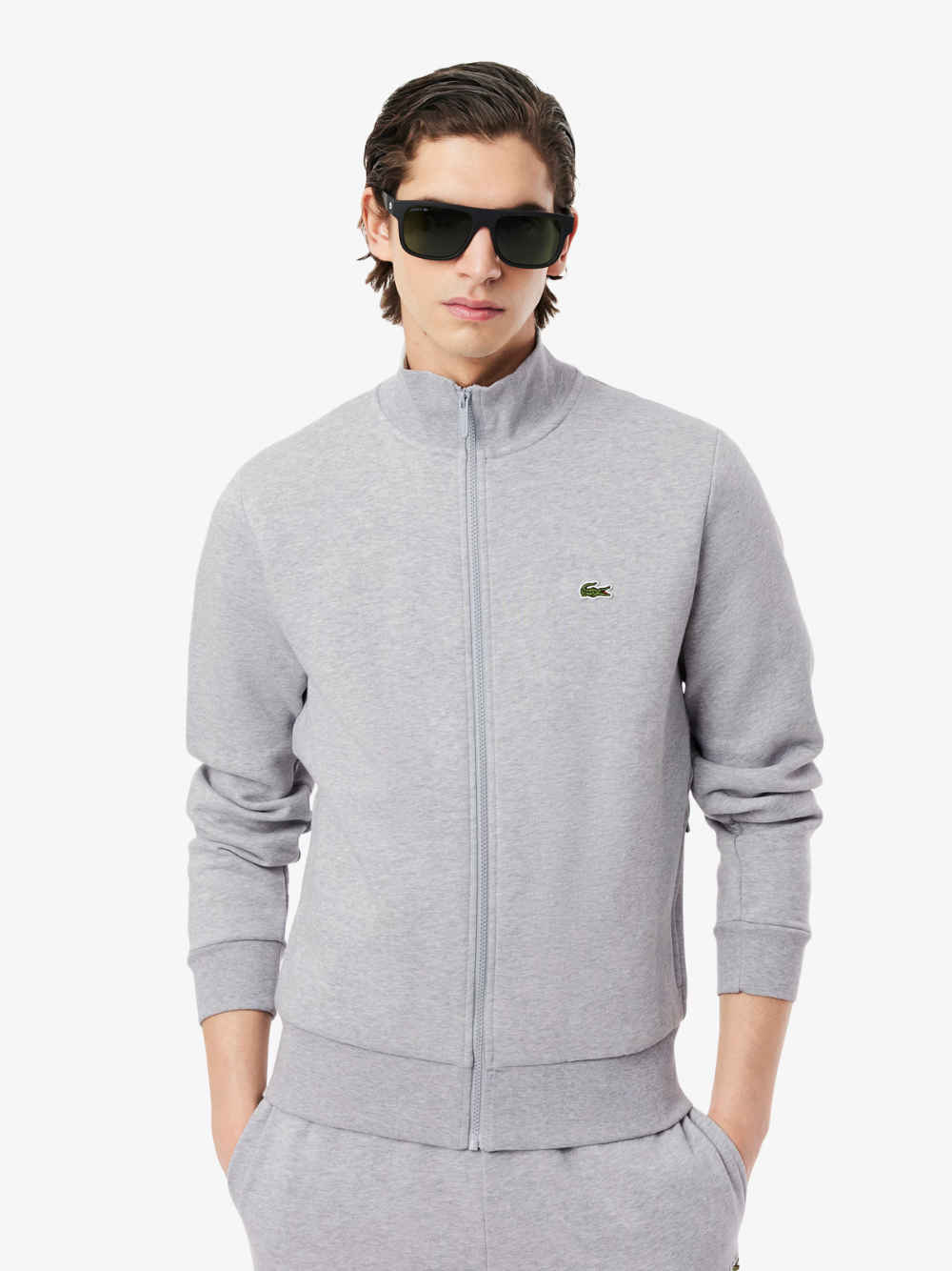 LACOSTE Zip-Up High Neck Fleece Sweatshirt Grey