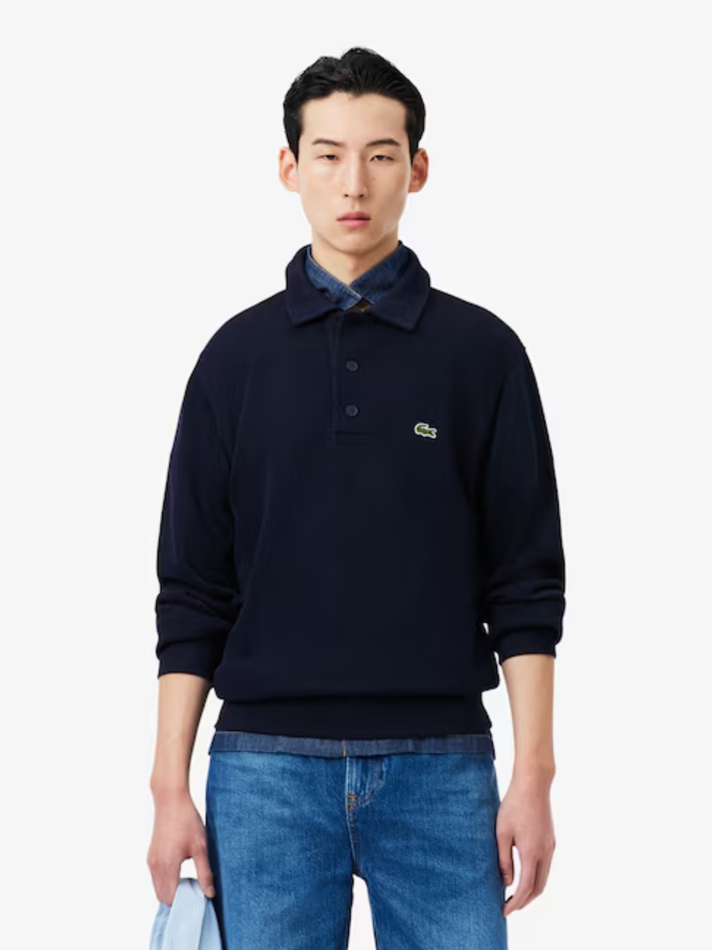 LACOSTE Ribbed Cotton Polo Collar Sweatshirt Midnight Blue